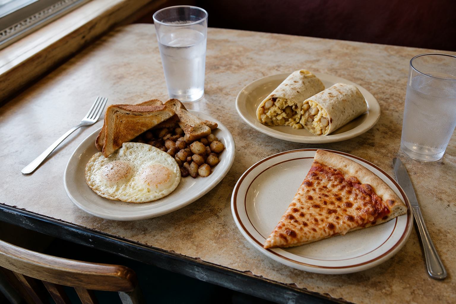Eggs and toast, a breakfast burrito, and a slice of pizza served on an American diner table