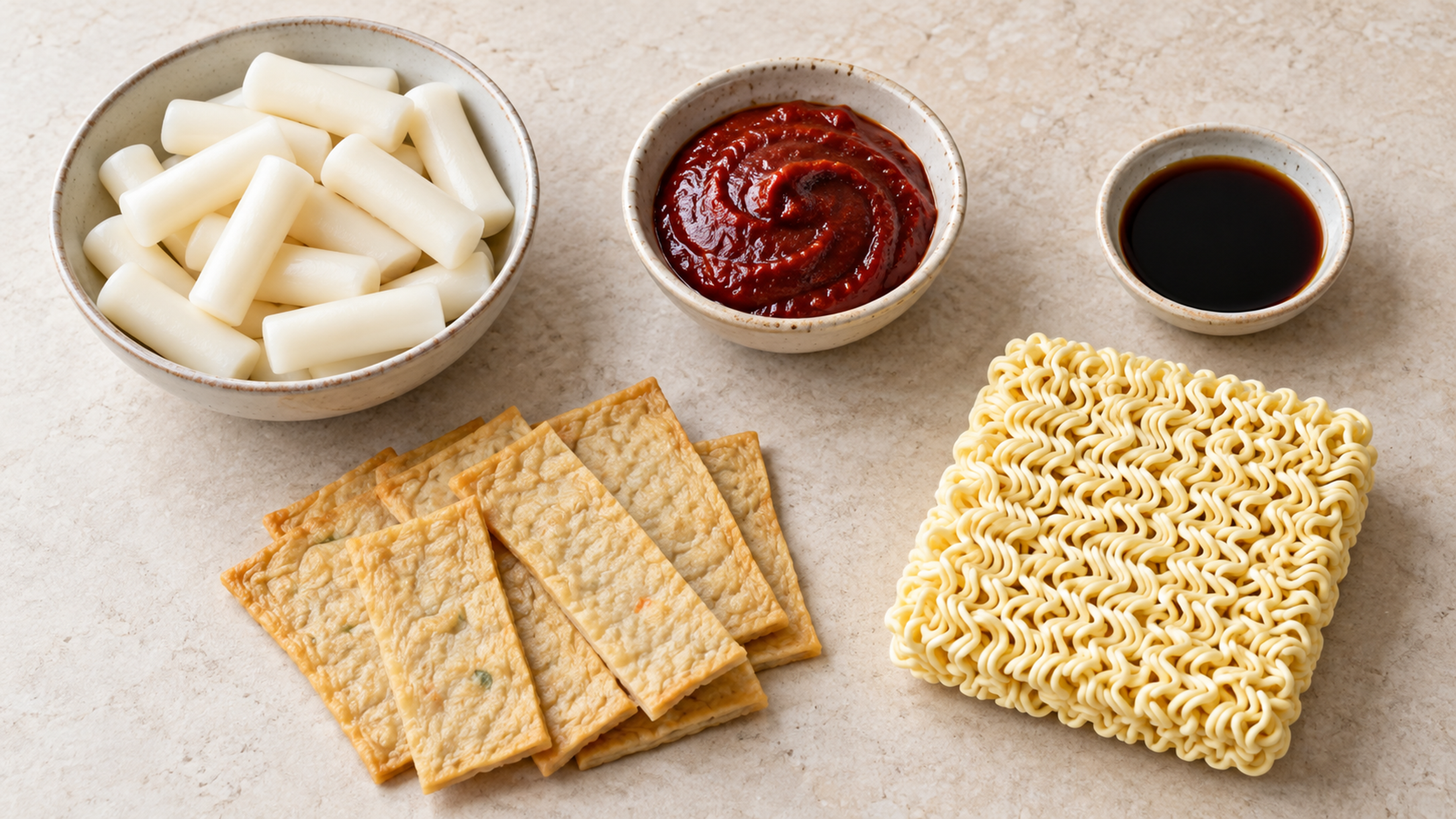 Common tteokbokki ingredients arranged separately: rice cakes, gochujang, soy sauce, fish cakes, and instant noodles