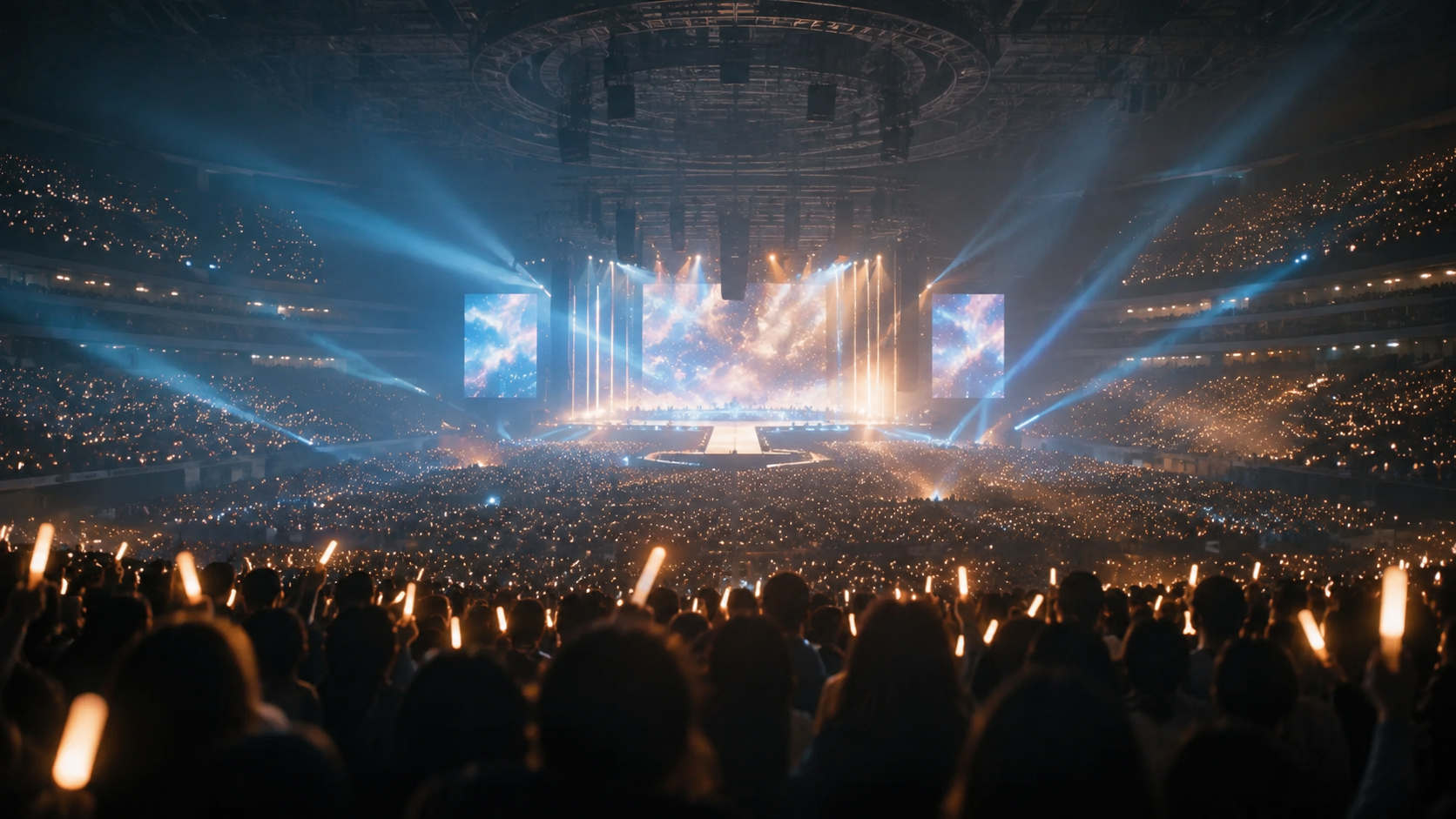 Arena concert crowd holding glowing lightsticks in front of a large lit stage