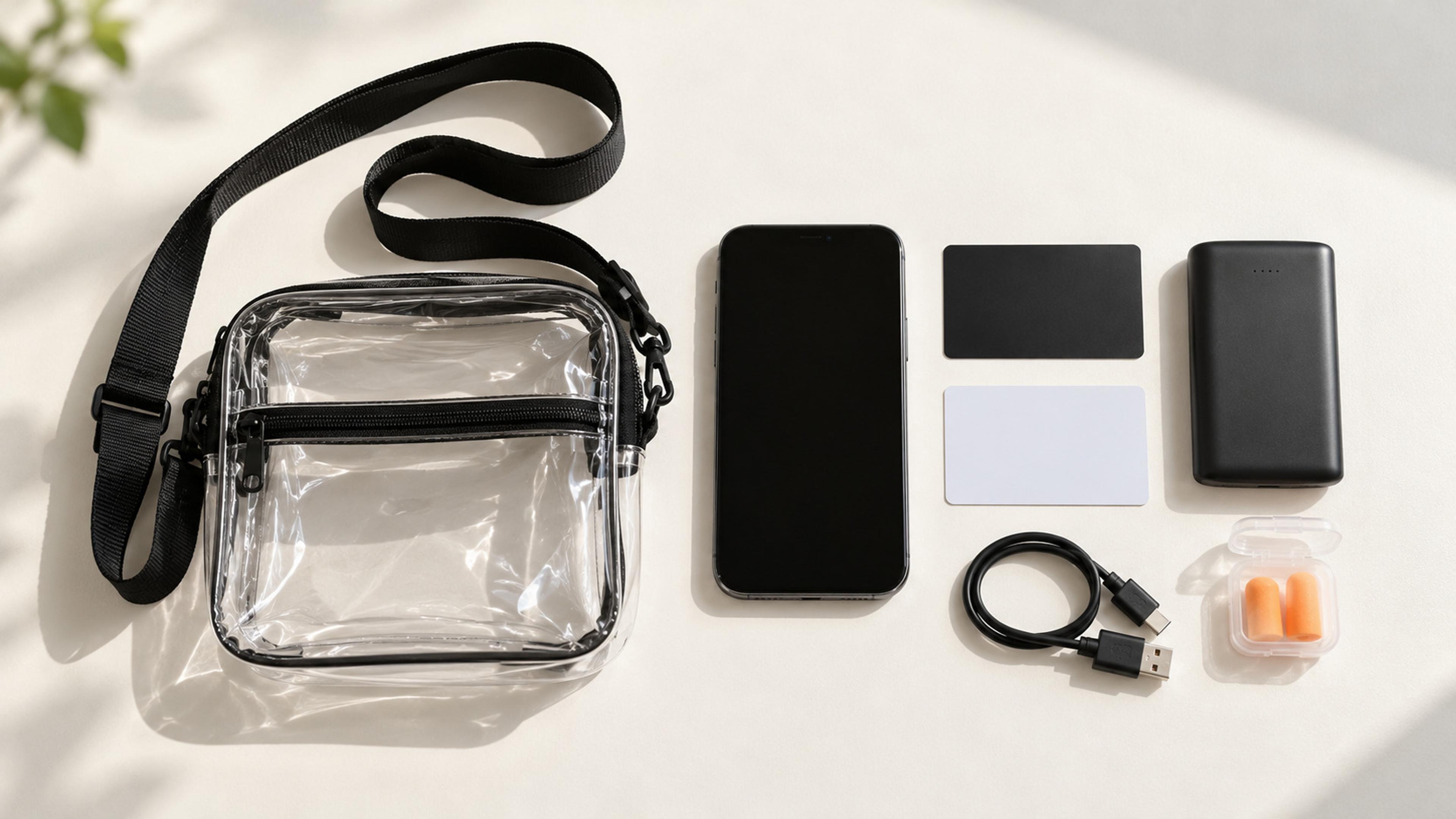 A small clear concert bag beside a phone, payment and ID cards, a compact power bank, charging cable and foam earplugs
