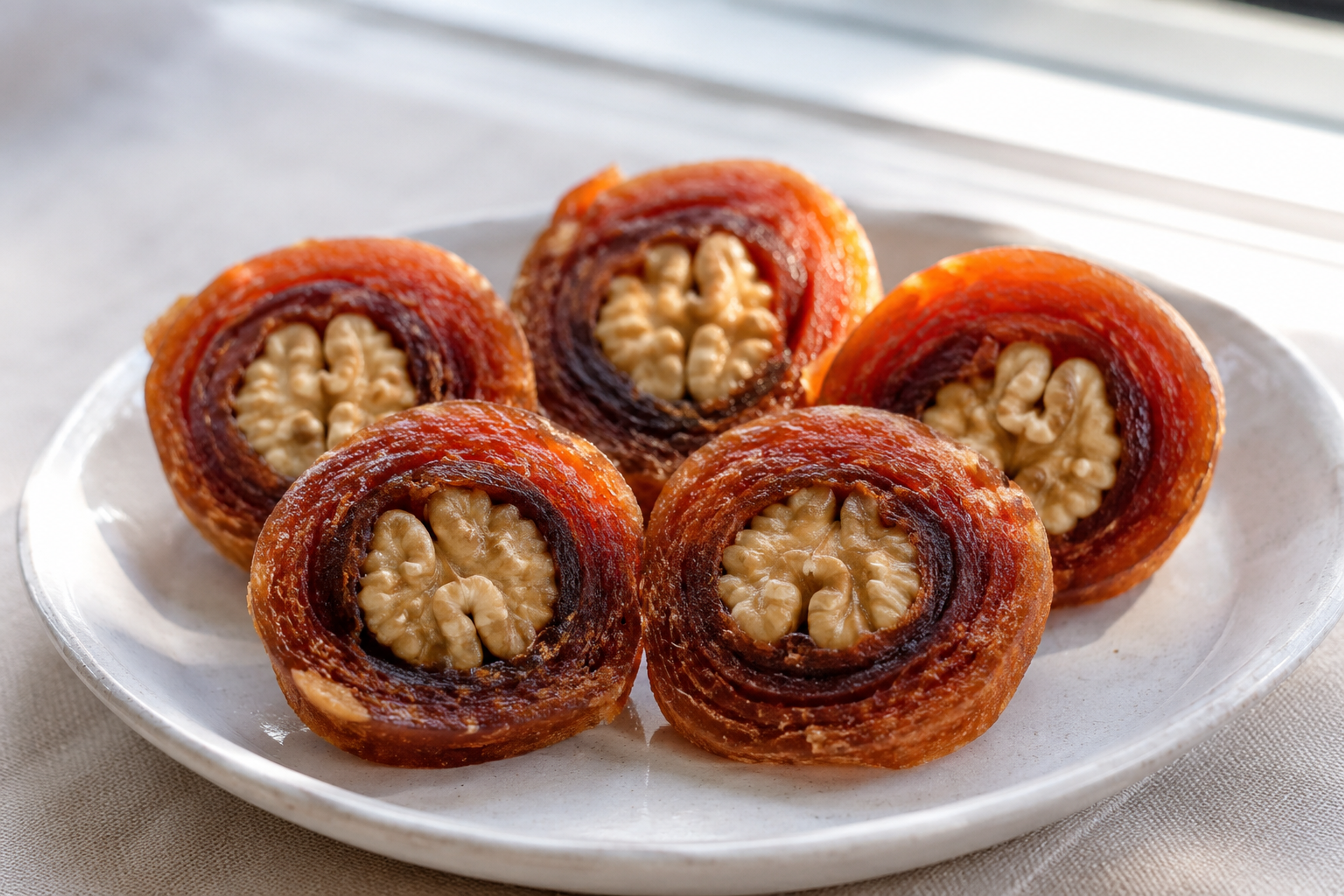 Close-up of gotgam-ssam slices showing walnut halves inside dried persimmon