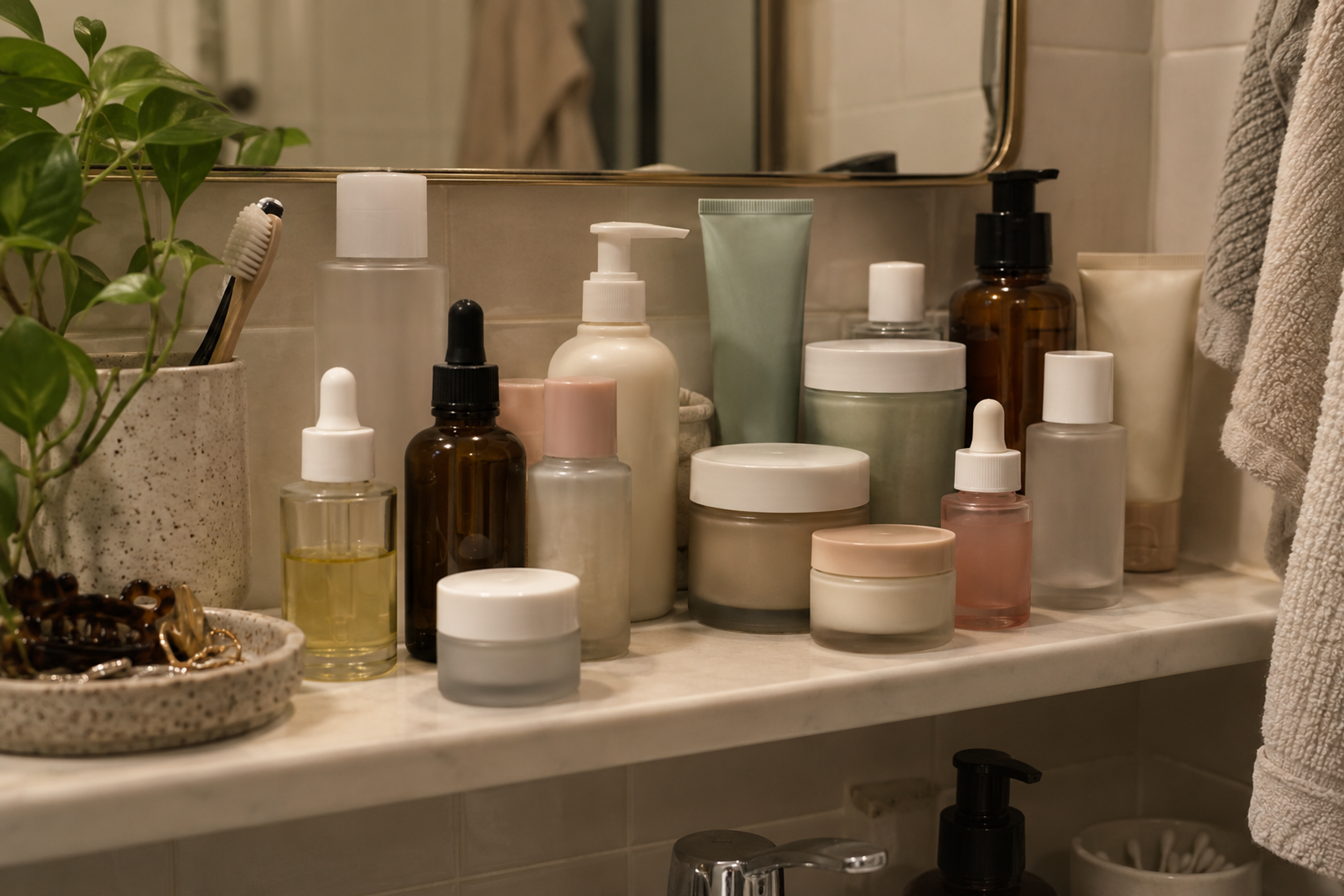 Crowded bathroom shelf of skincare bottles representing the maximalist routine
