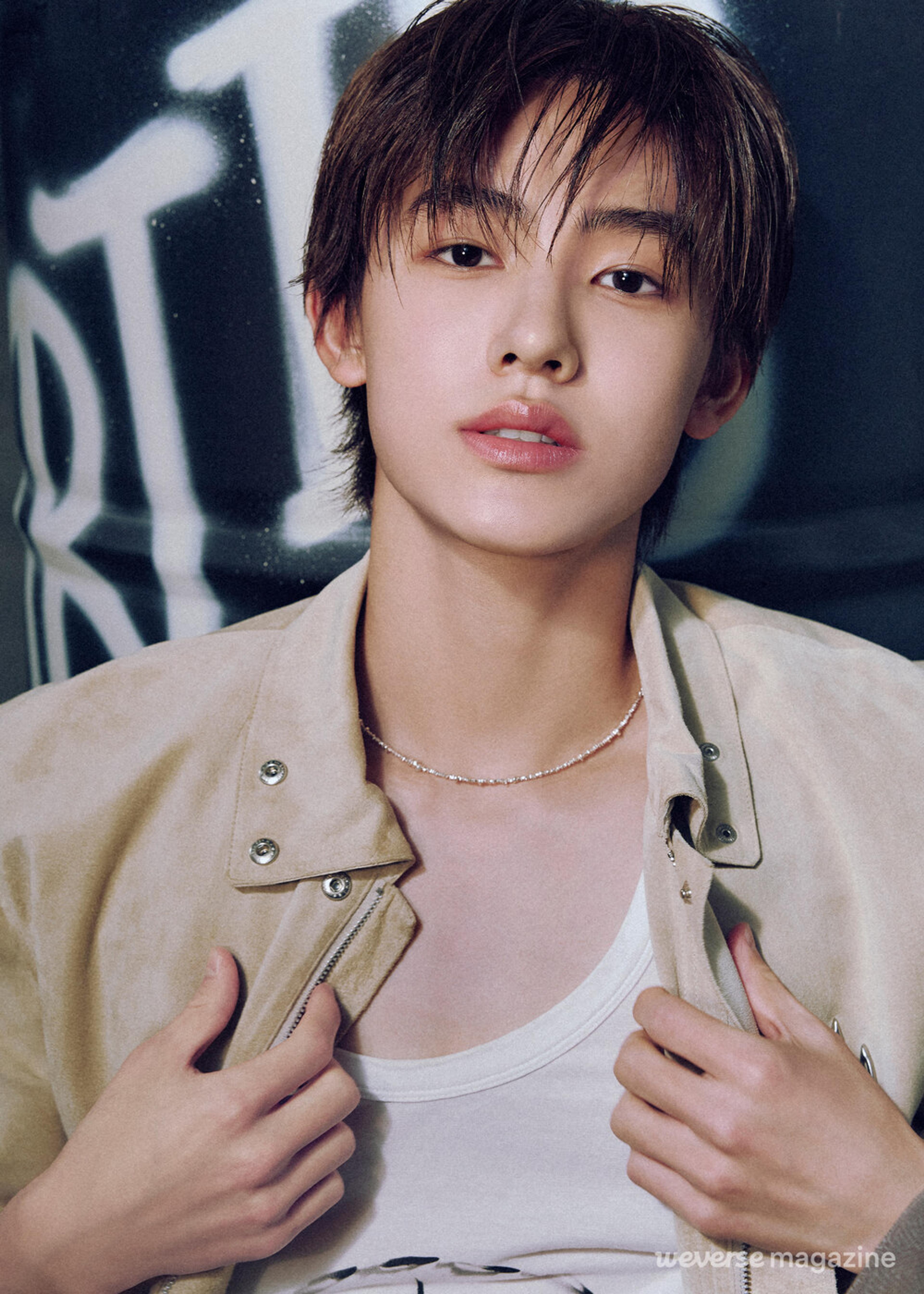 Seonghyeon of CORTIS wearing a beige jacket in an official Weverse Magazine portrait