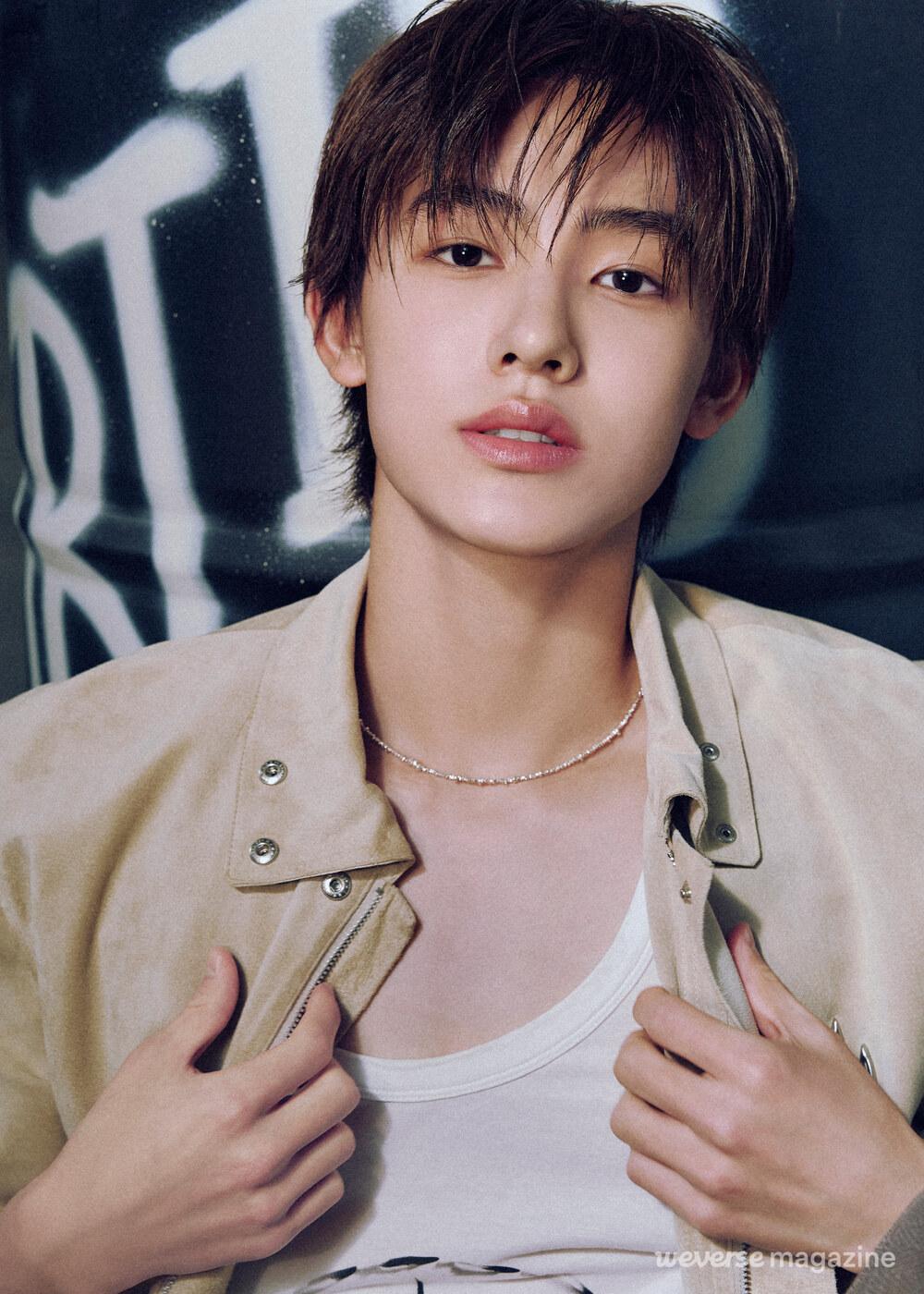 Seonghyeon of CORTIS wearing a beige jacket in an official Weverse Magazine portrait