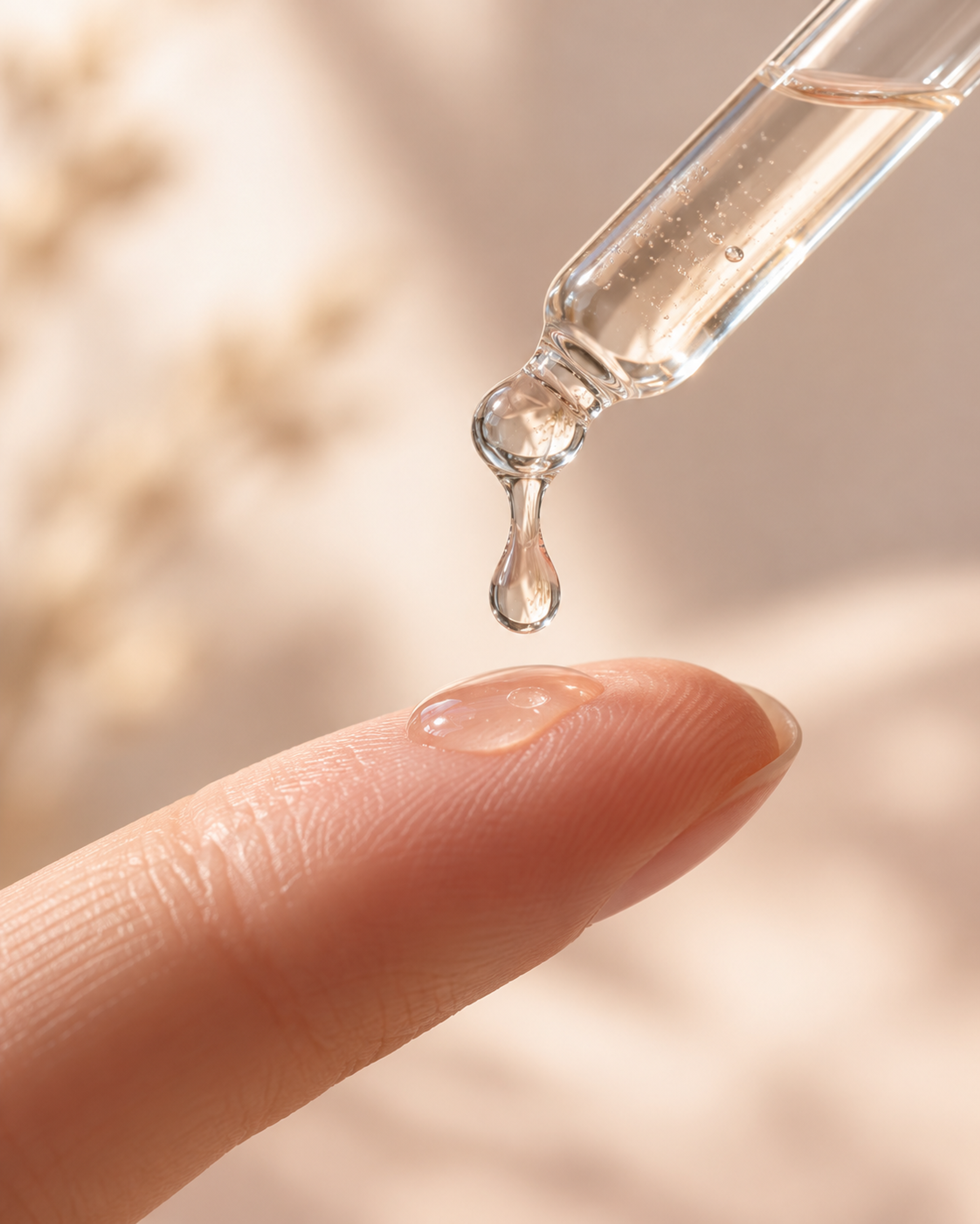 Clear serum dripping from a glass dropper onto a fingertip against a soft neutral background
