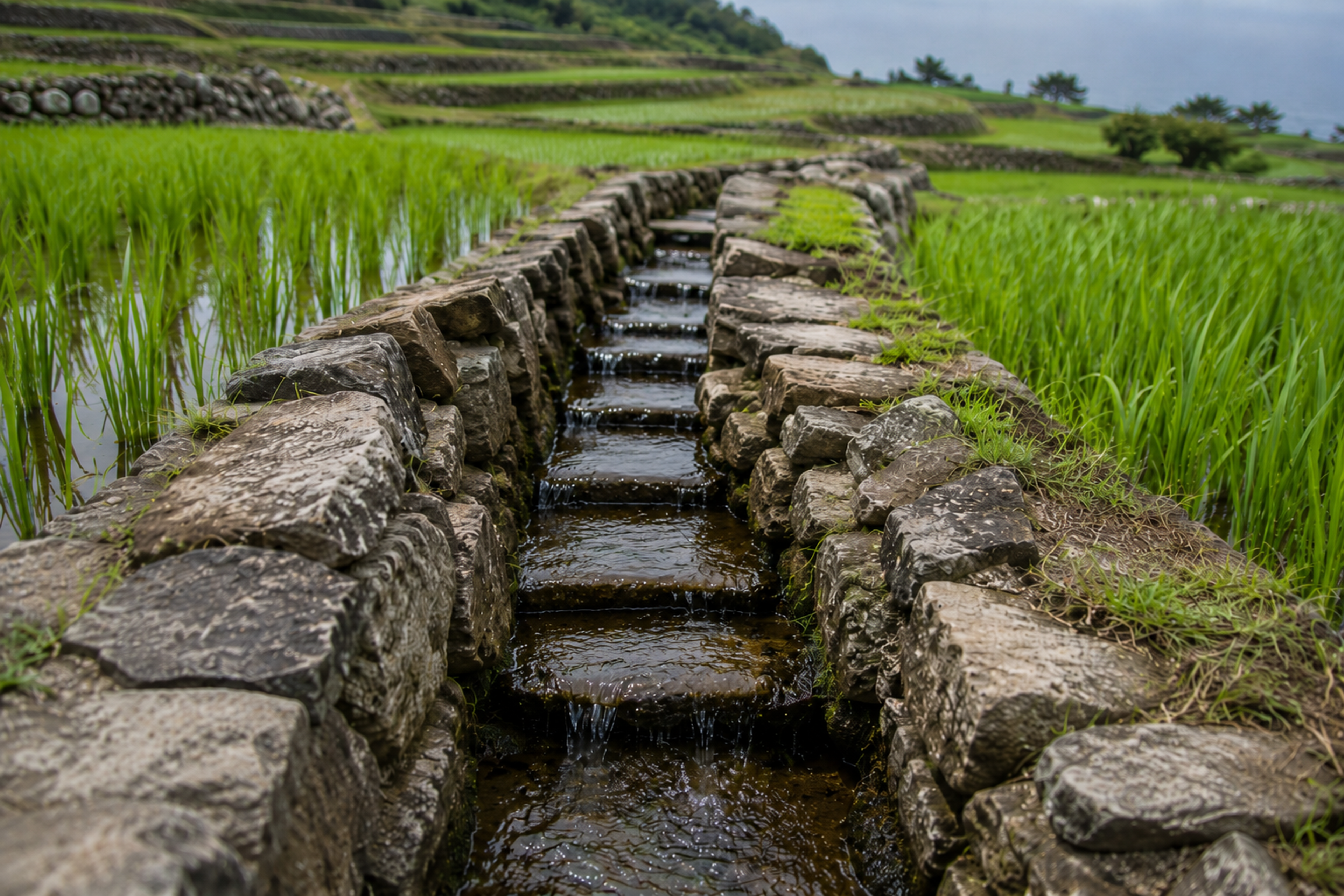 Close-up of gudeuljangnon stone-lined irrigation channel running between rice paddies on Cheongsando island