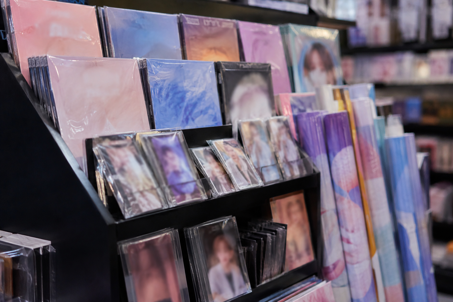 Rows of K-pop CD albums and photocard sleeves on a Seoul record store shelf