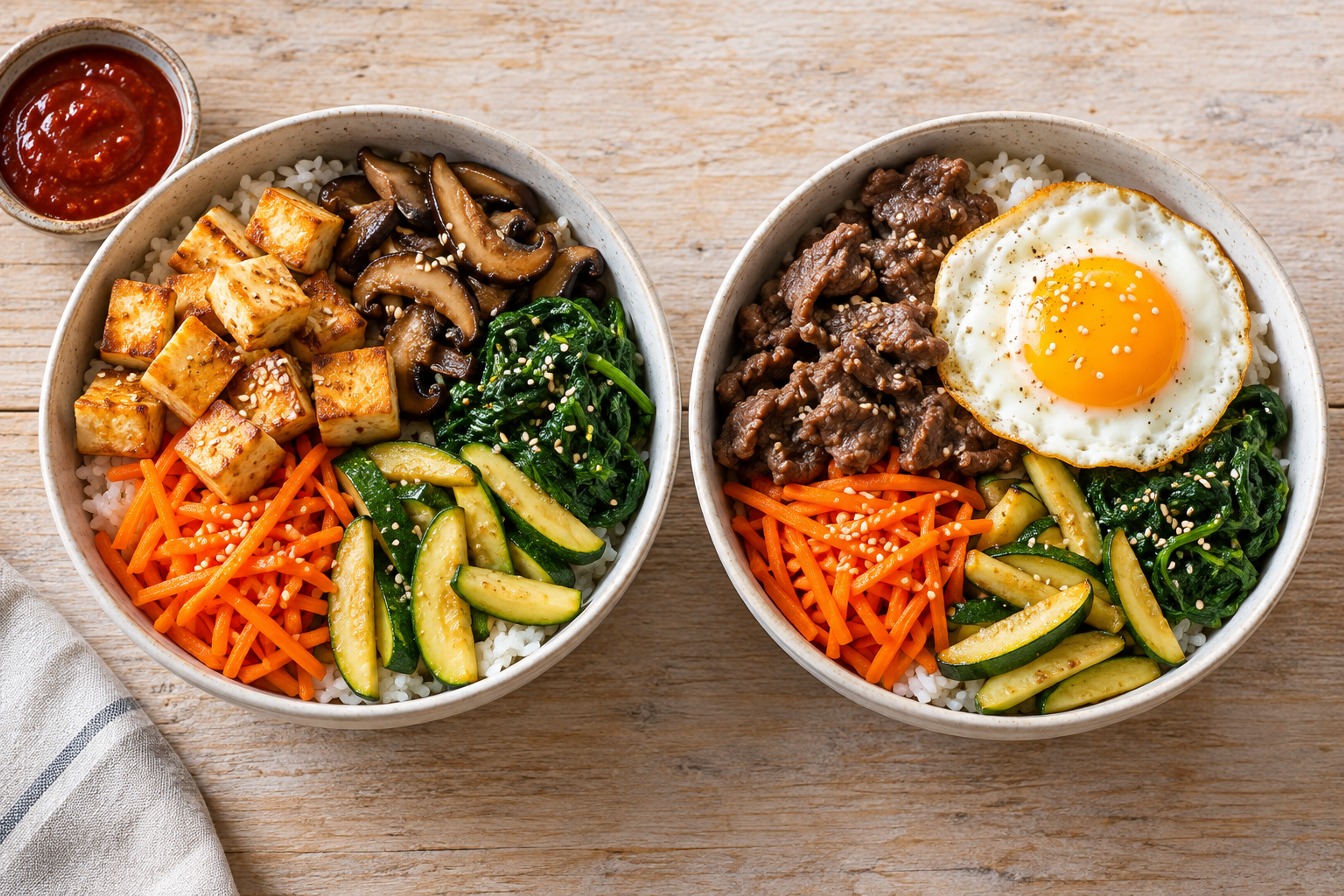 Two bibimbap bowls side by side, one with tofu and mushrooms and the other with beef and egg