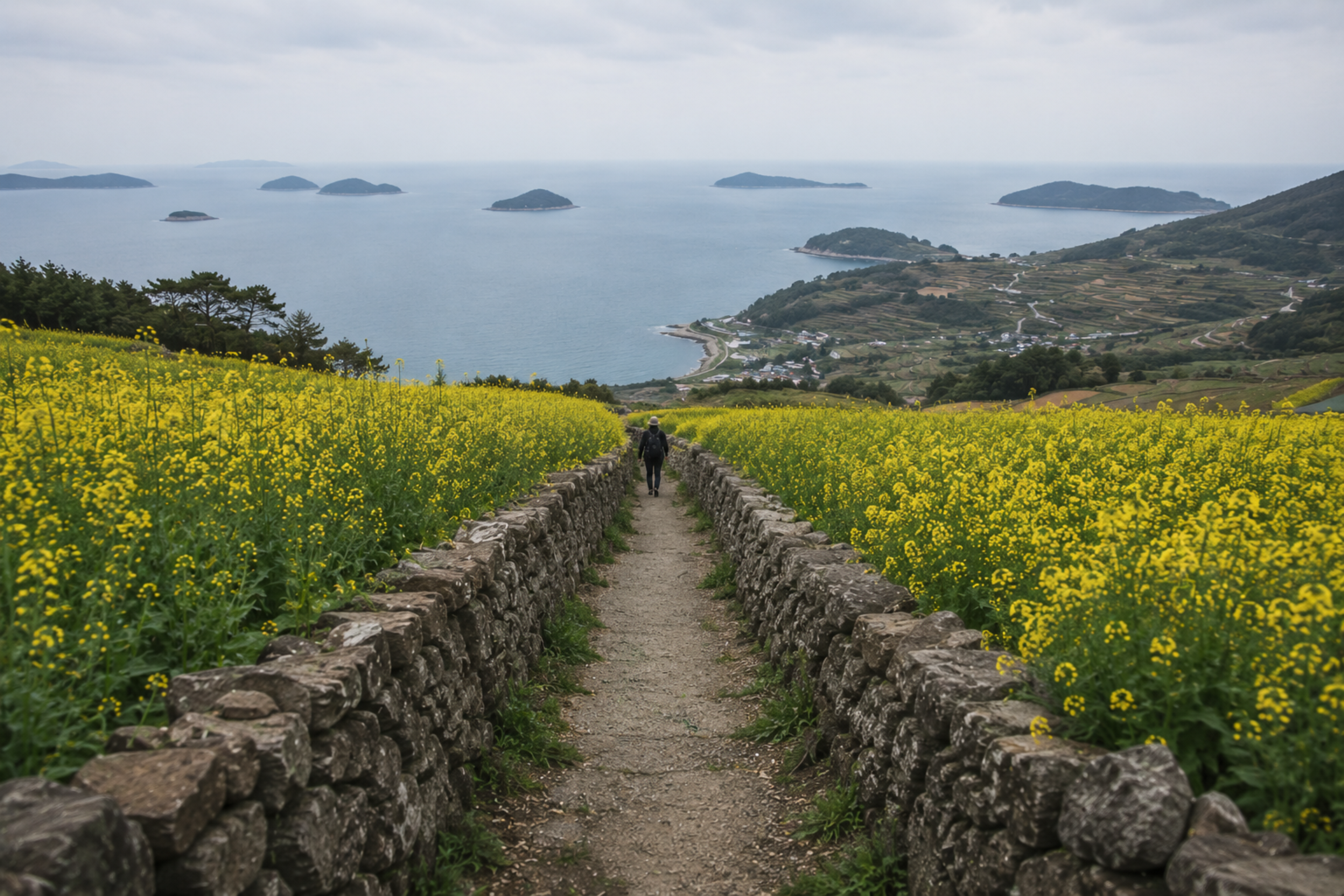 Cheongsando slow walk trail path between low stone walls with yellow canola blossoms and ocean view in spring