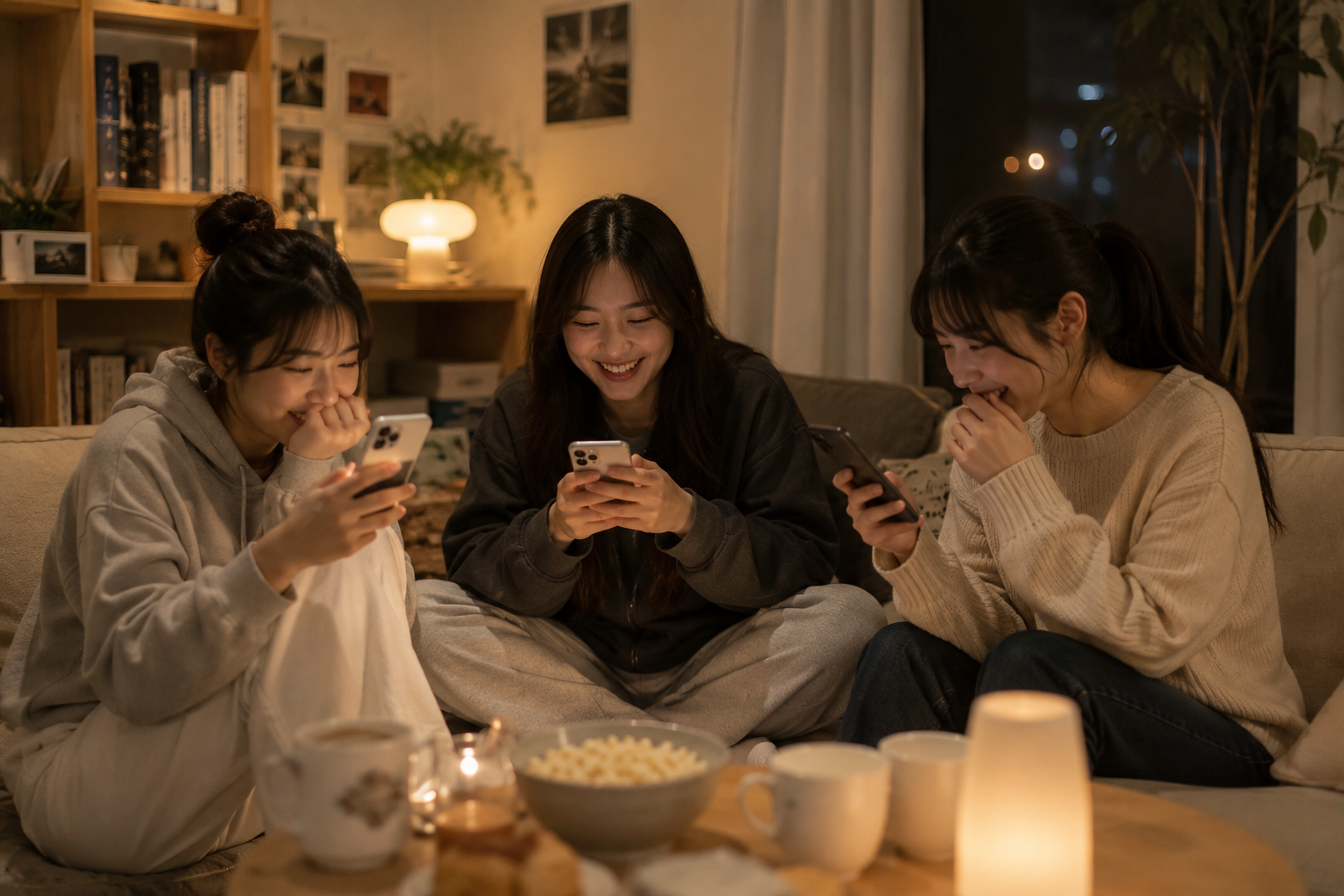 Friends casually sharing everyday moments through social media in a cozy living room at night
