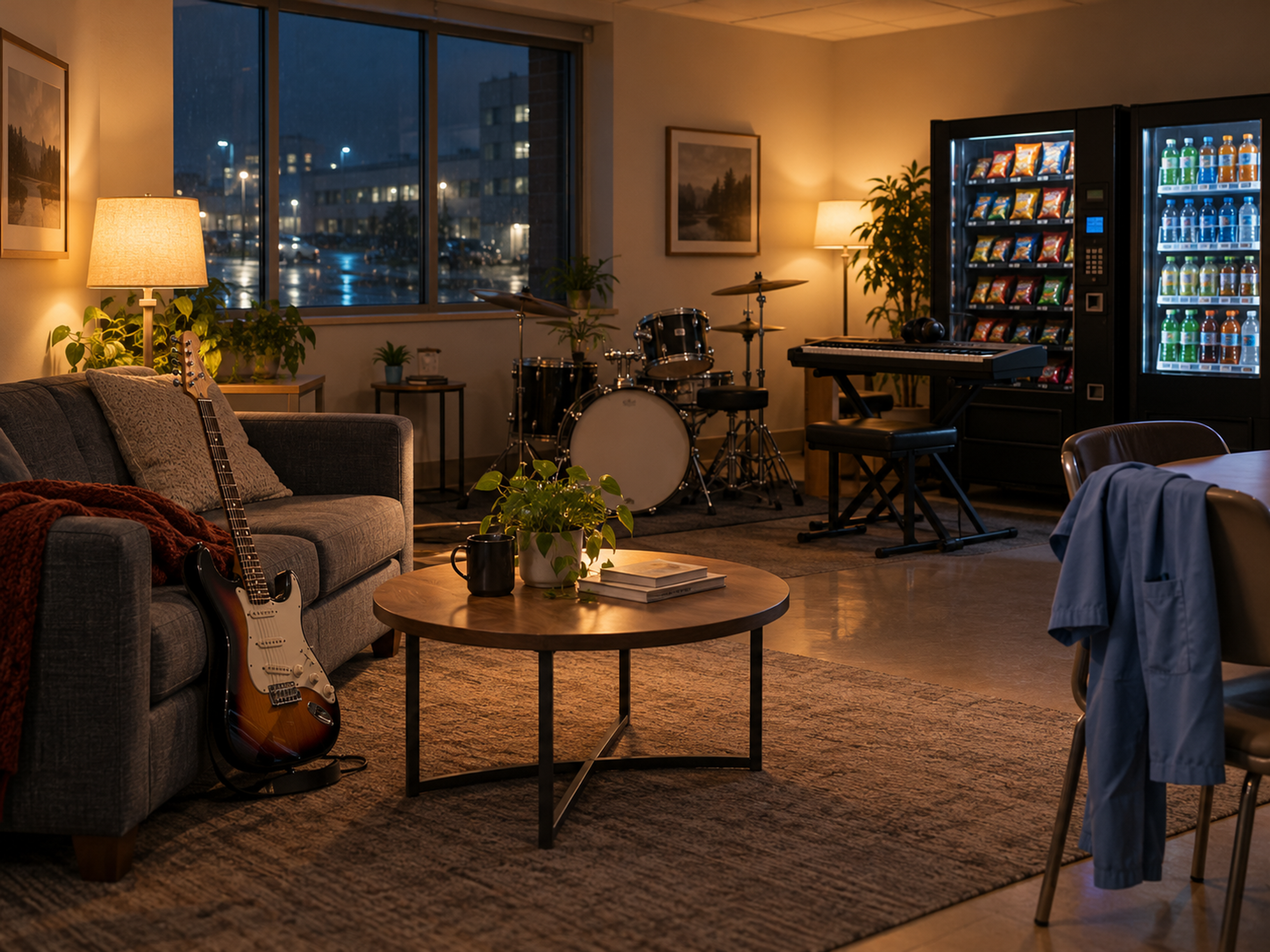 Electric guitar and drum kit set up in a hospital break room with scrubs draped over a chair
