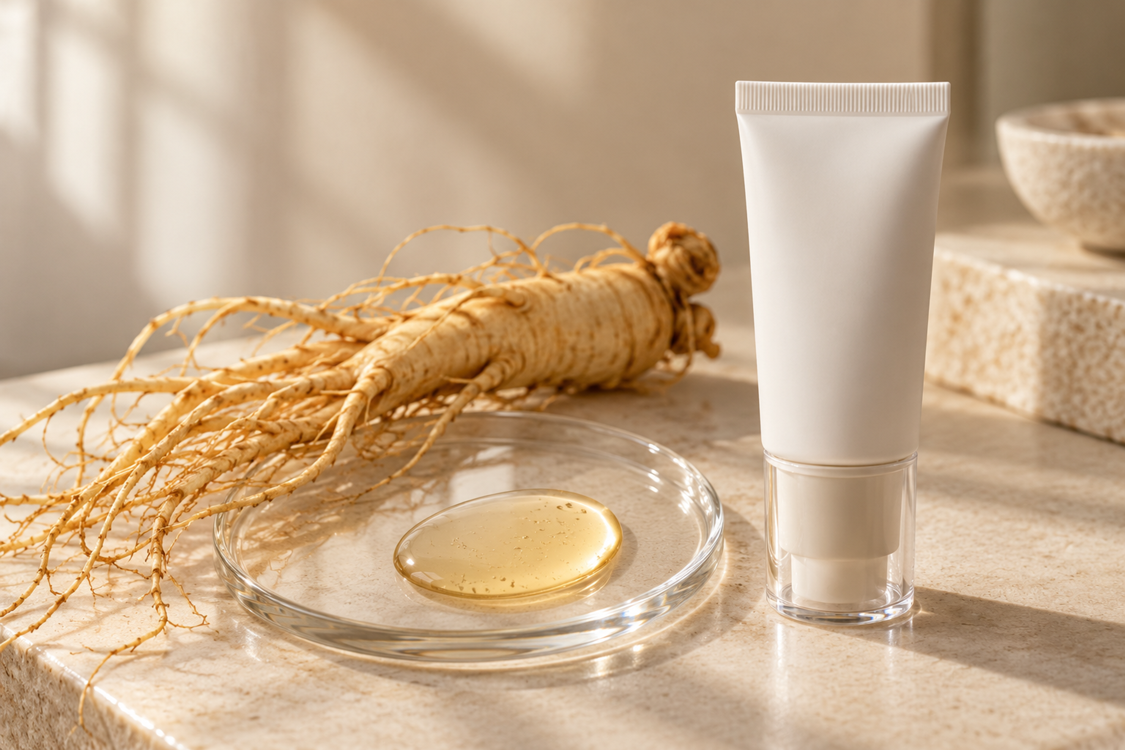 Pale yellow retinal serum drop on a glass surface beside a fresh ginseng root and an unlabeled opaque white tube