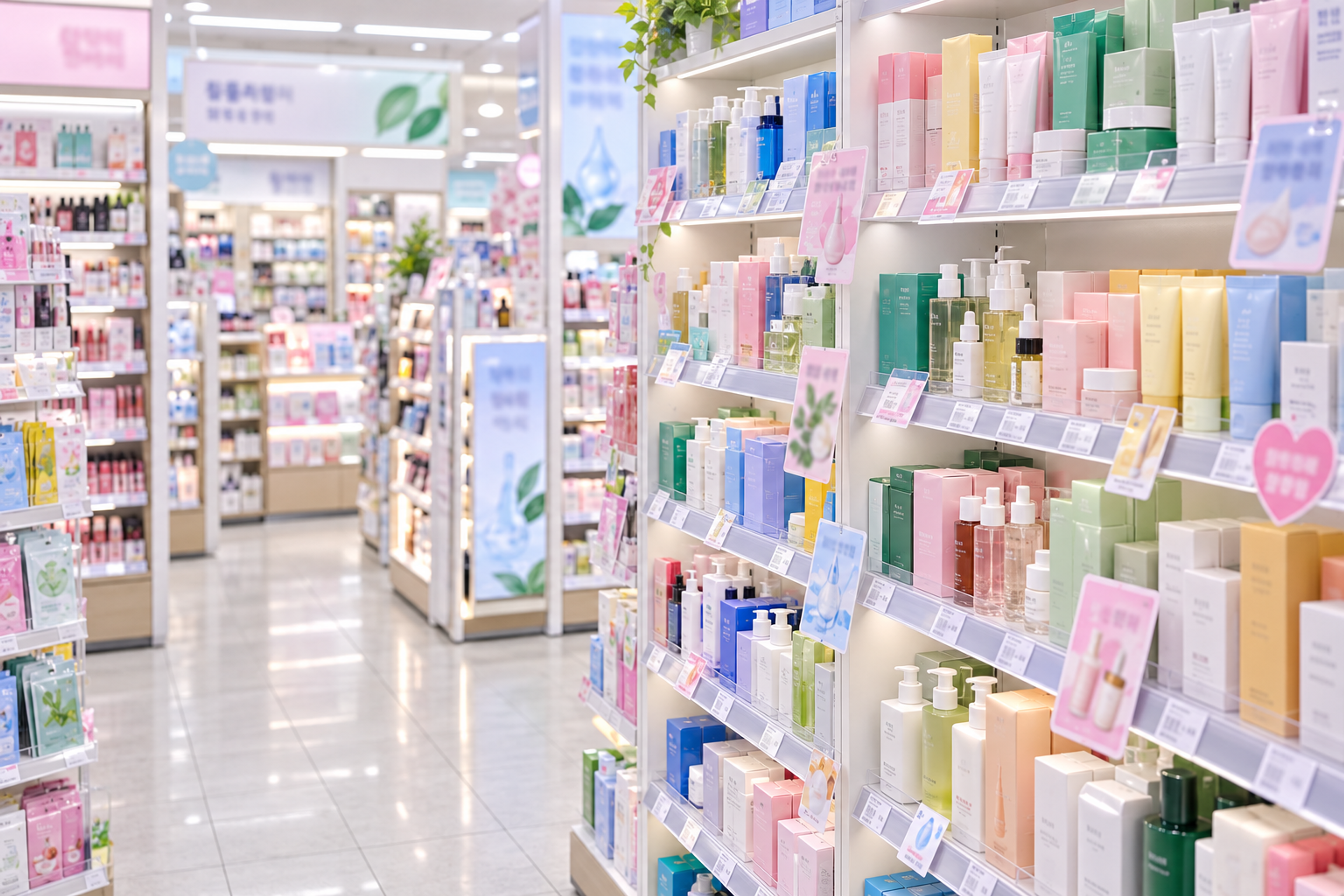 Korean pharmacy and derma cosmetics shelf in Seoul with barrier care products