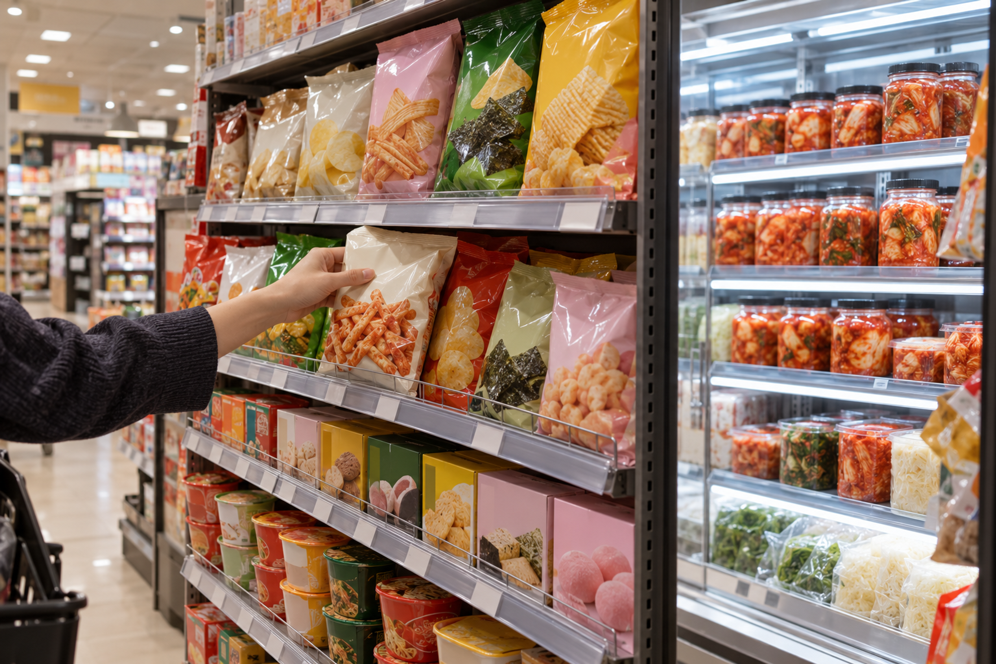 A shopper's hand reaching for a colorful snack bag in the international aisle of an American supermarket