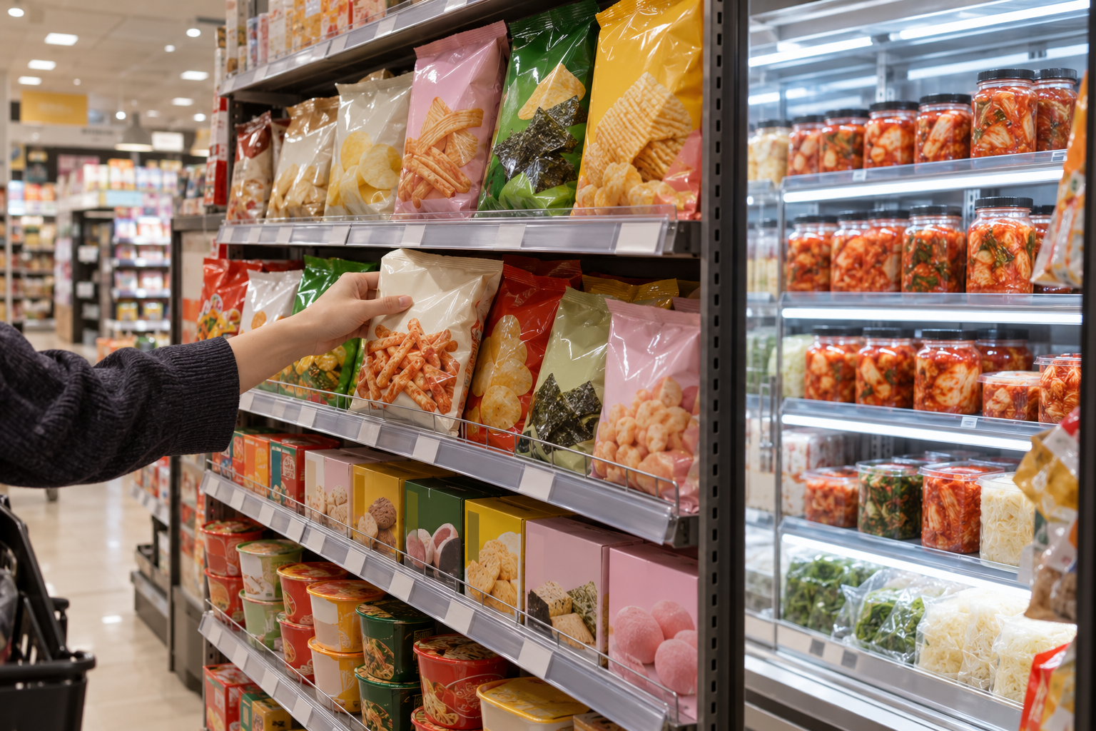 A shopper's hand reaching for a colorful snack bag in the international aisle of an American supermarket