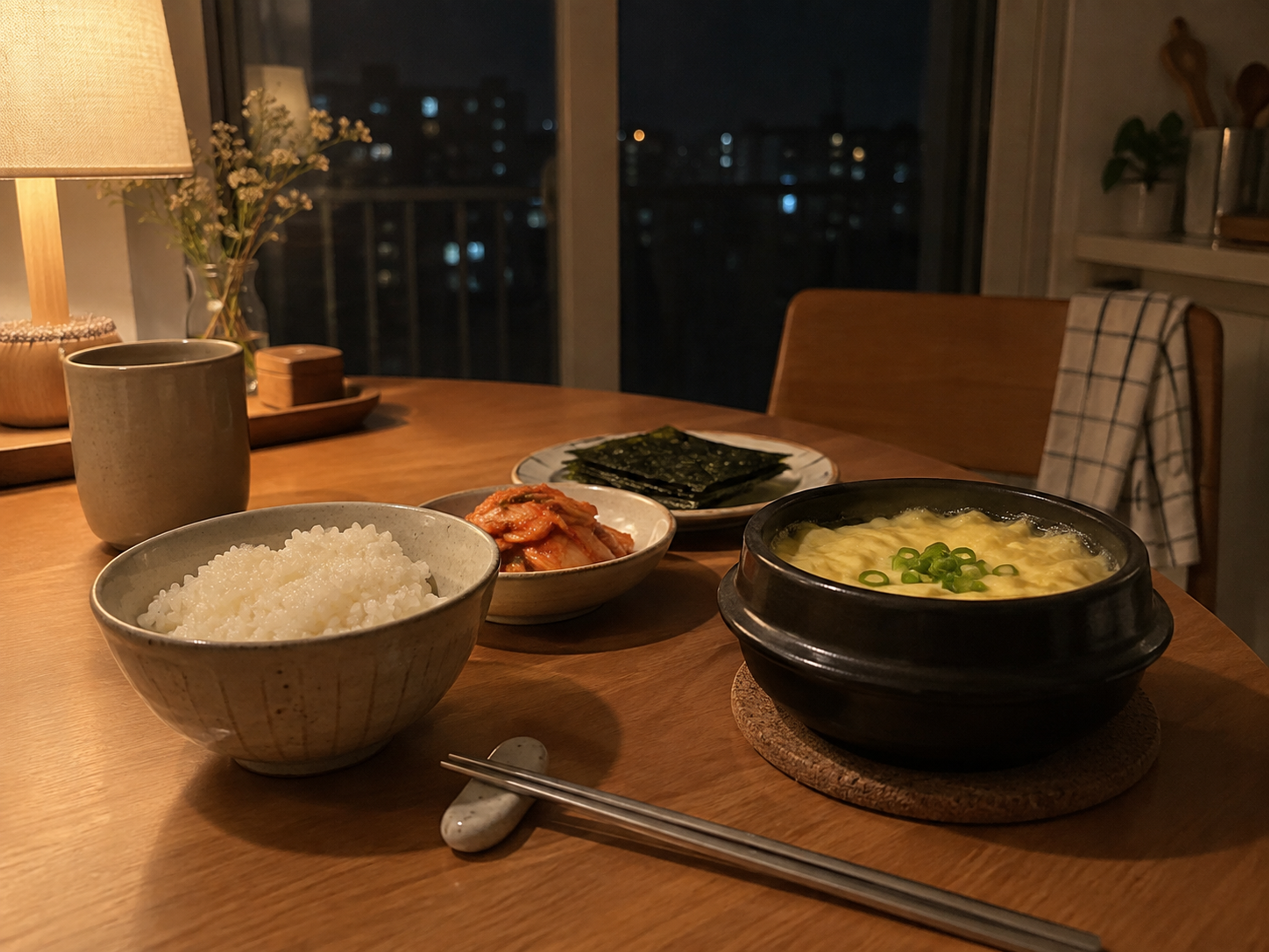 A dinner for one on a small kitchen table: a bowl of rice, steamed egg custard in a small pot, roasted seaweed, and kimchi