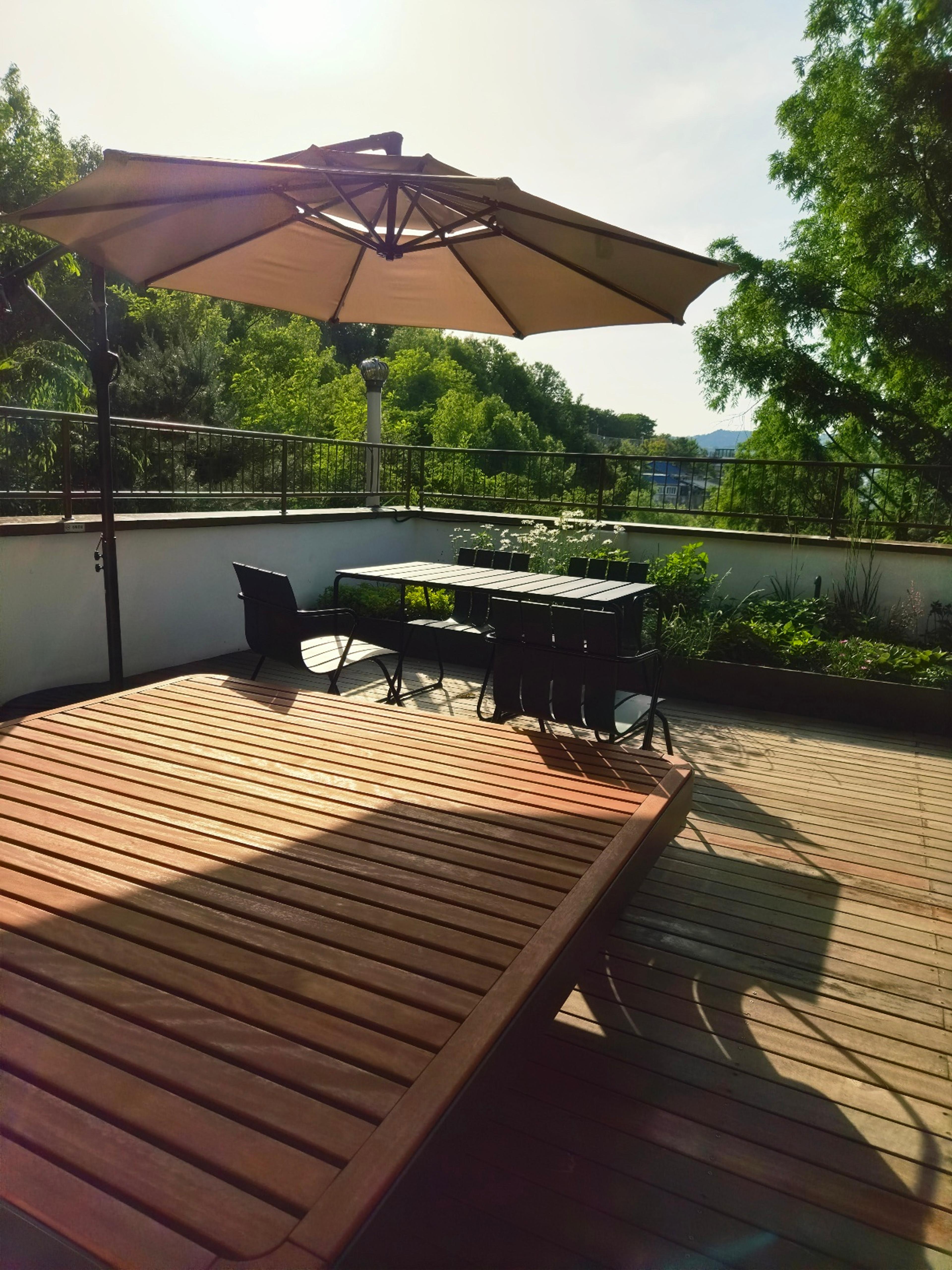relaxing seating area under a parasol
