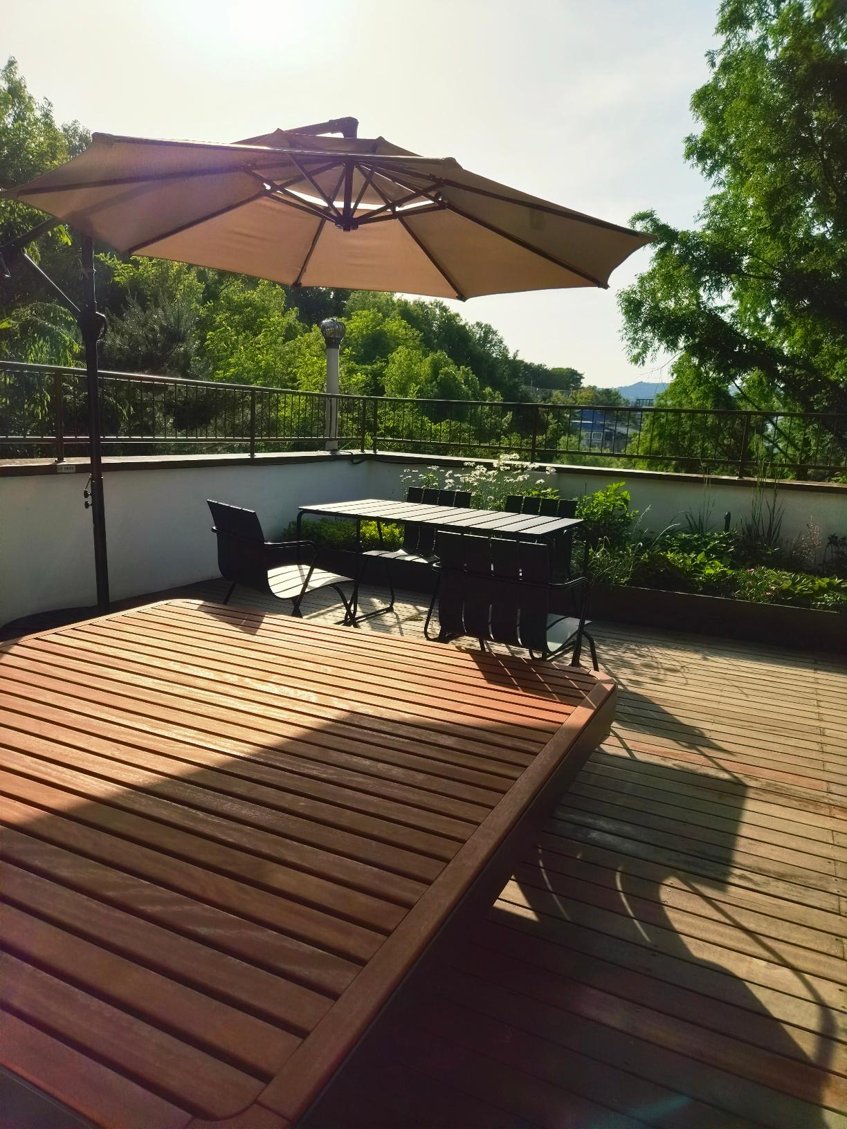 relaxing seating area under a parasol