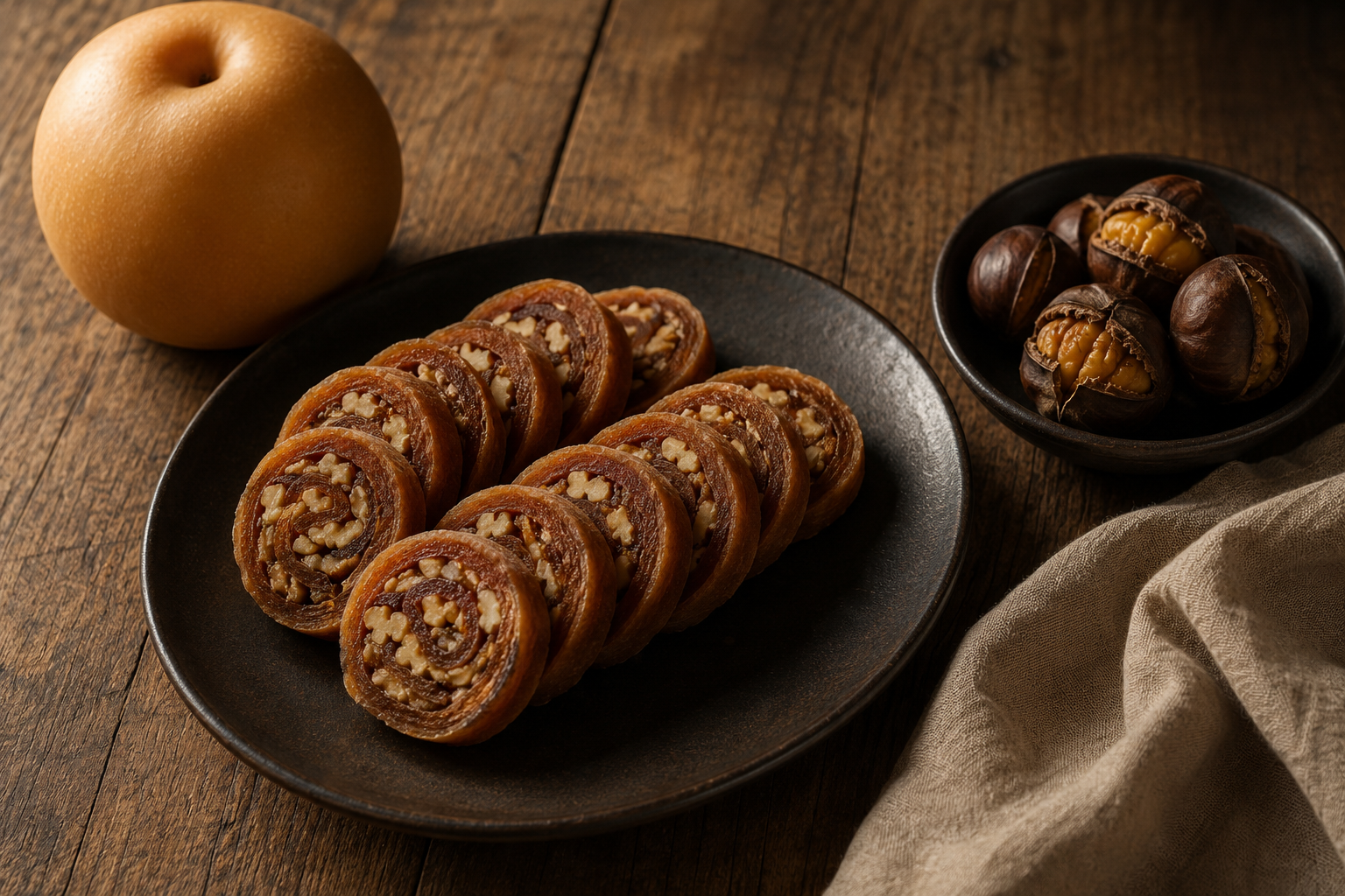 Korean persimmon and walnut pinwheels, roasted chestnuts, and a Korean pear on an autumn table