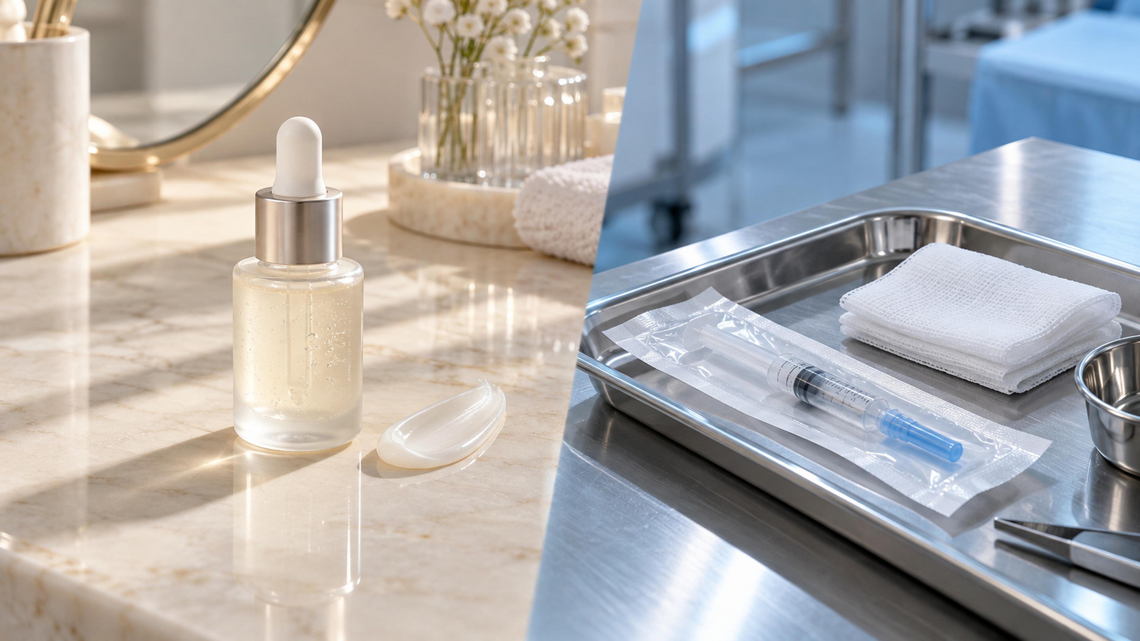 Topical serum on a vanity beside a separate sterile tray with a sealed syringe, illustrating the difference between cosmetics and in-clinic procedures