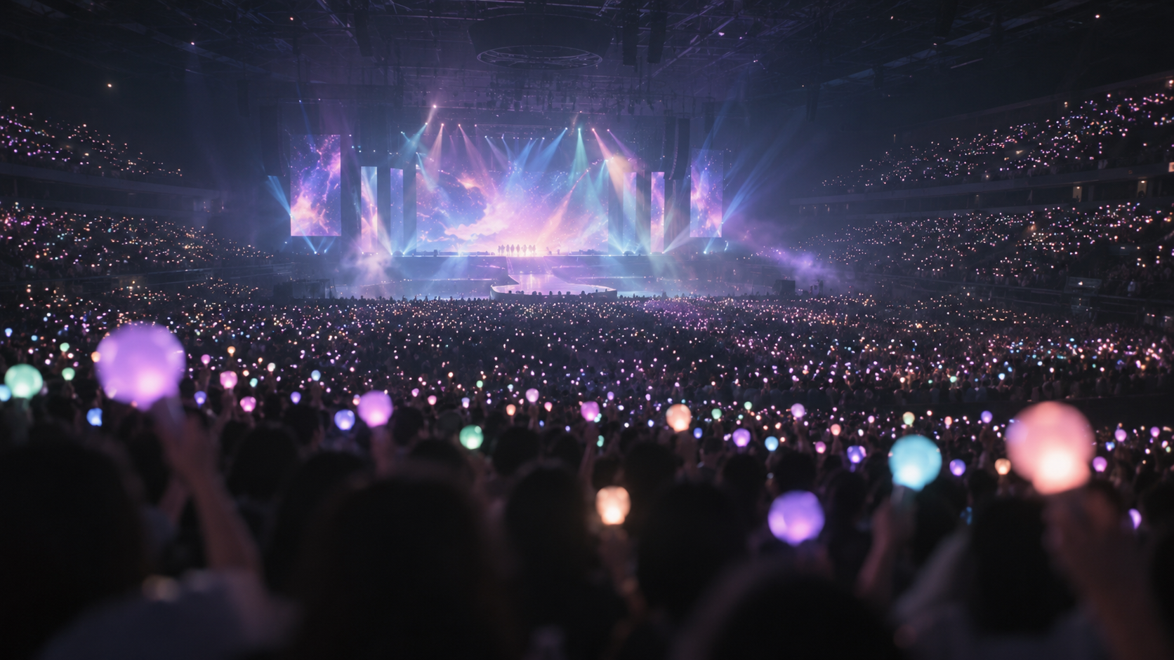 Concert crowd holding glowing lightsticks under colorful stage lights in a dark arena