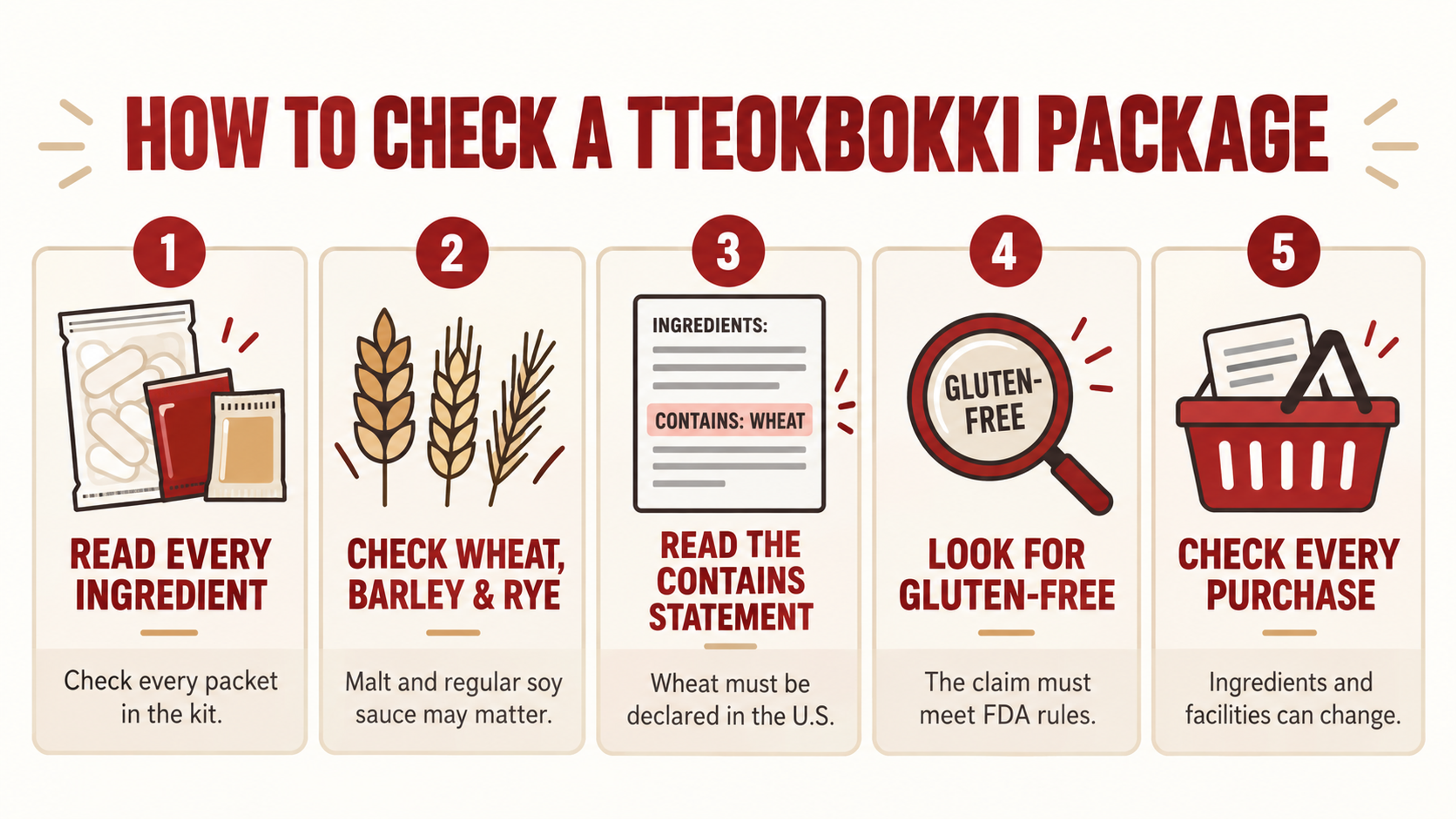 Five-step checklist for reading a packaged tteokbokki label for gluten-containing ingredients