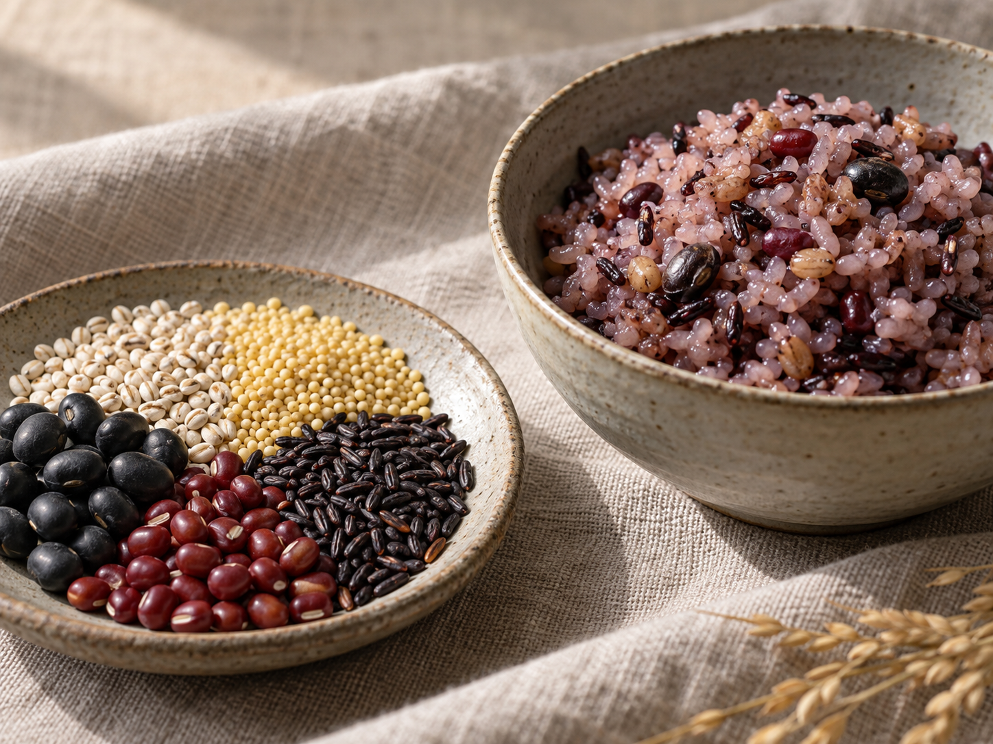 Uncooked mixed grains and beans in a small dish beside a bowl of cooked purple Korean multigrain rice