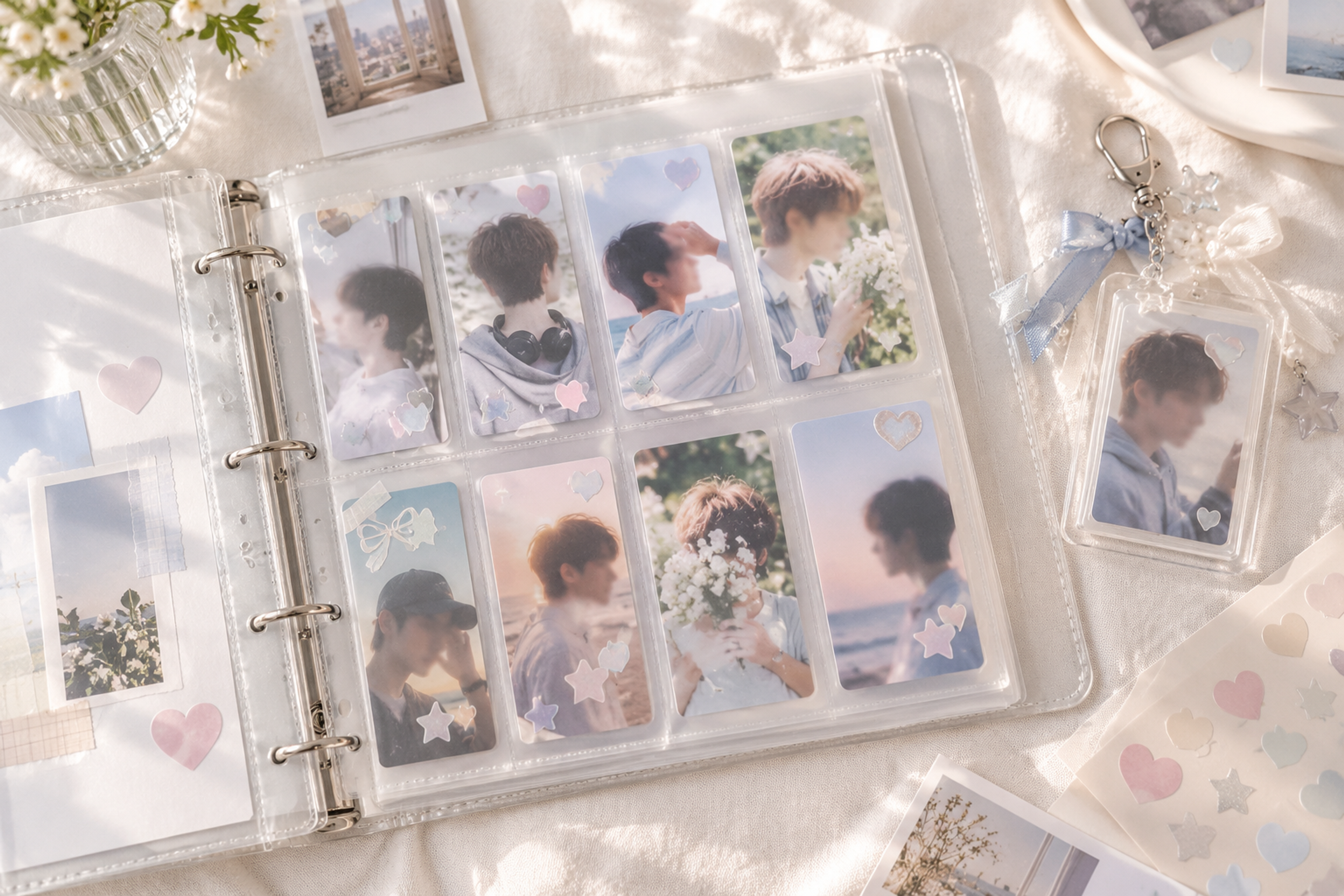 A collection of blank photocards in clear sleeves arranged on an open binder page beside a small decorated card holder