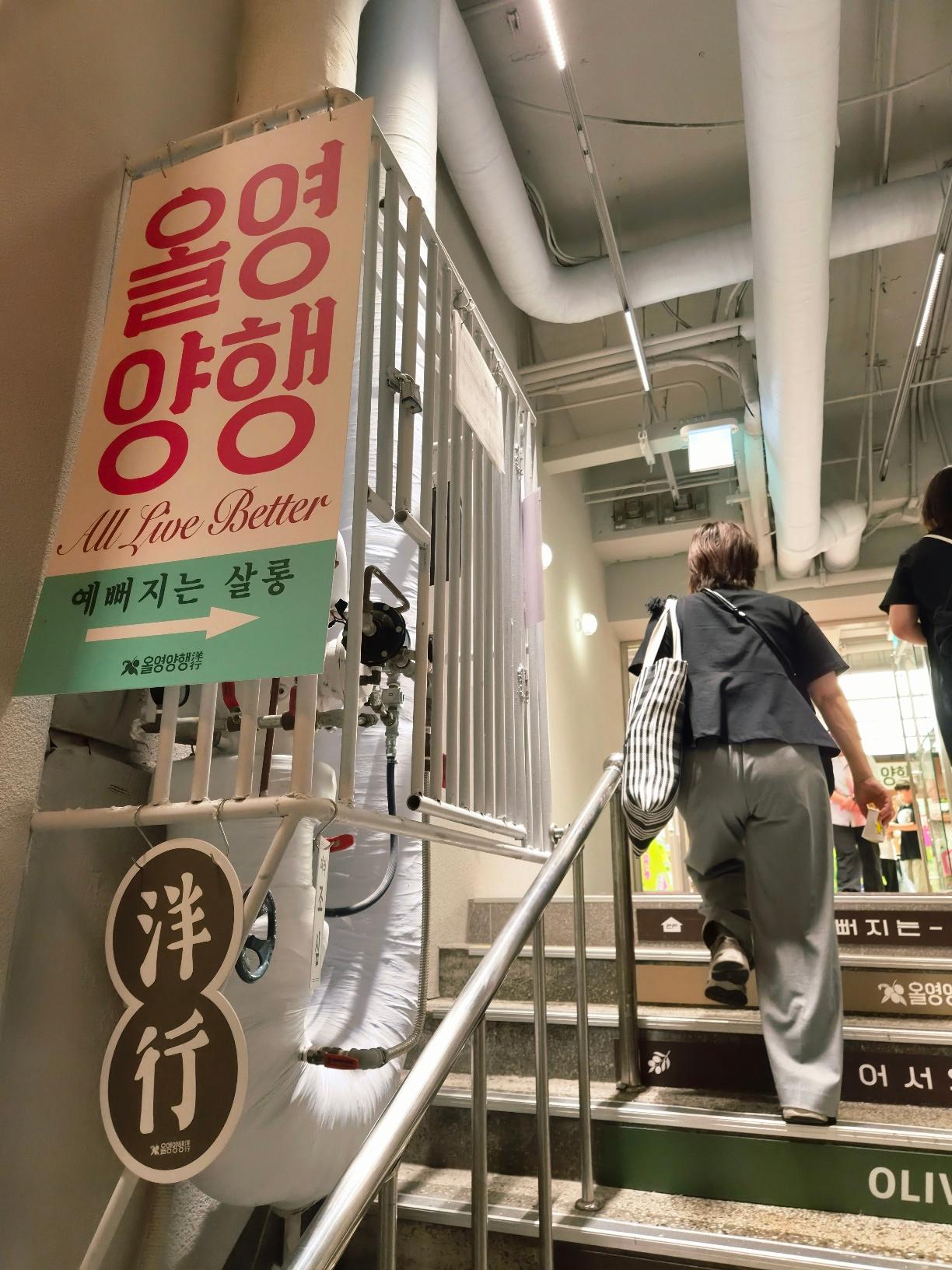 A retro wooden storefront sign reading Ole Young Yang Haeng in Korean and Hanja characters above a brick staircase entry.