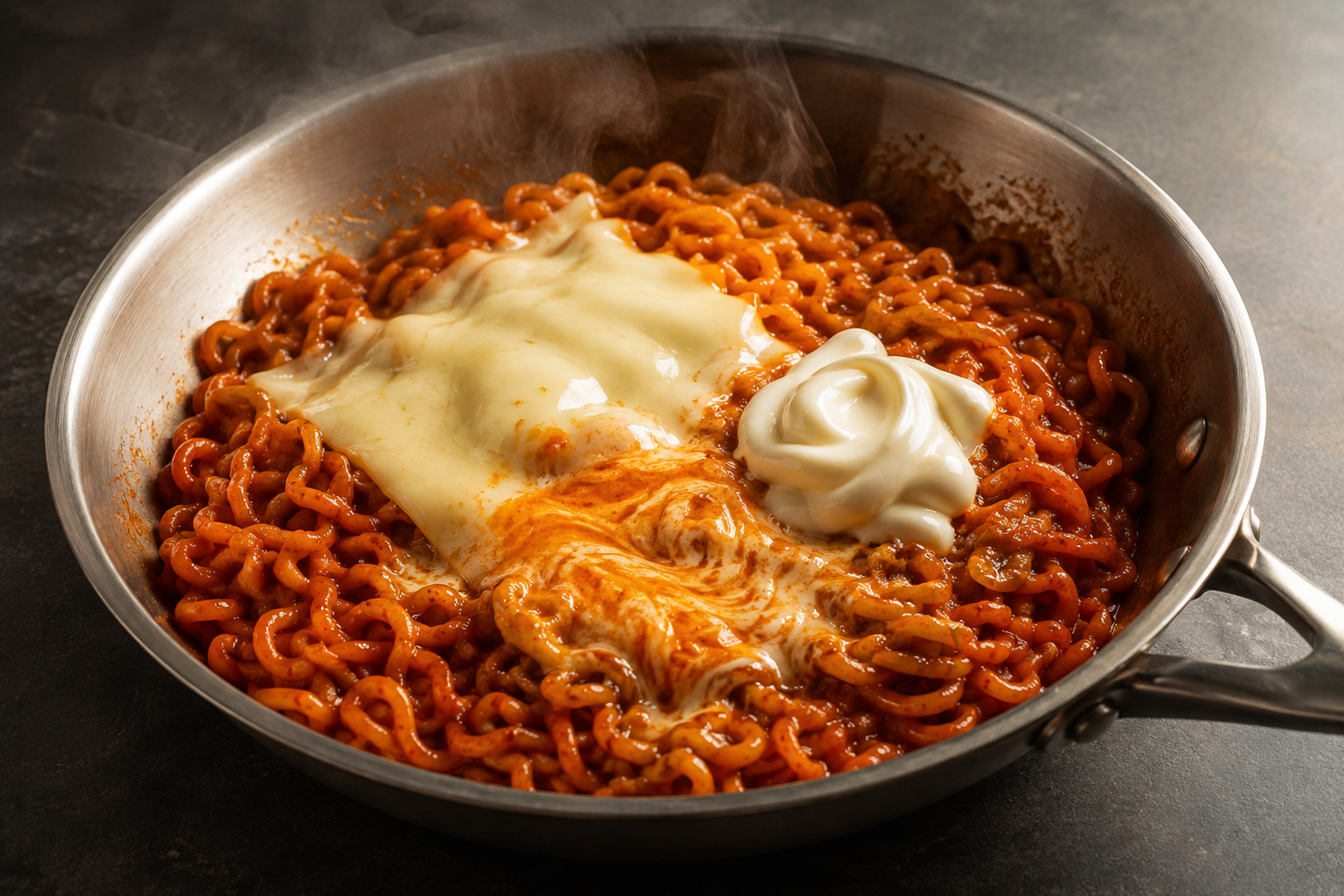 Spicy red noodles in a steel pan topped with melted cheese and mayonnaise
