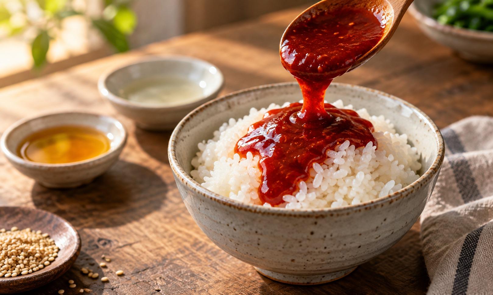 Gochujang-based sauce being spooned over a bowl of white rice