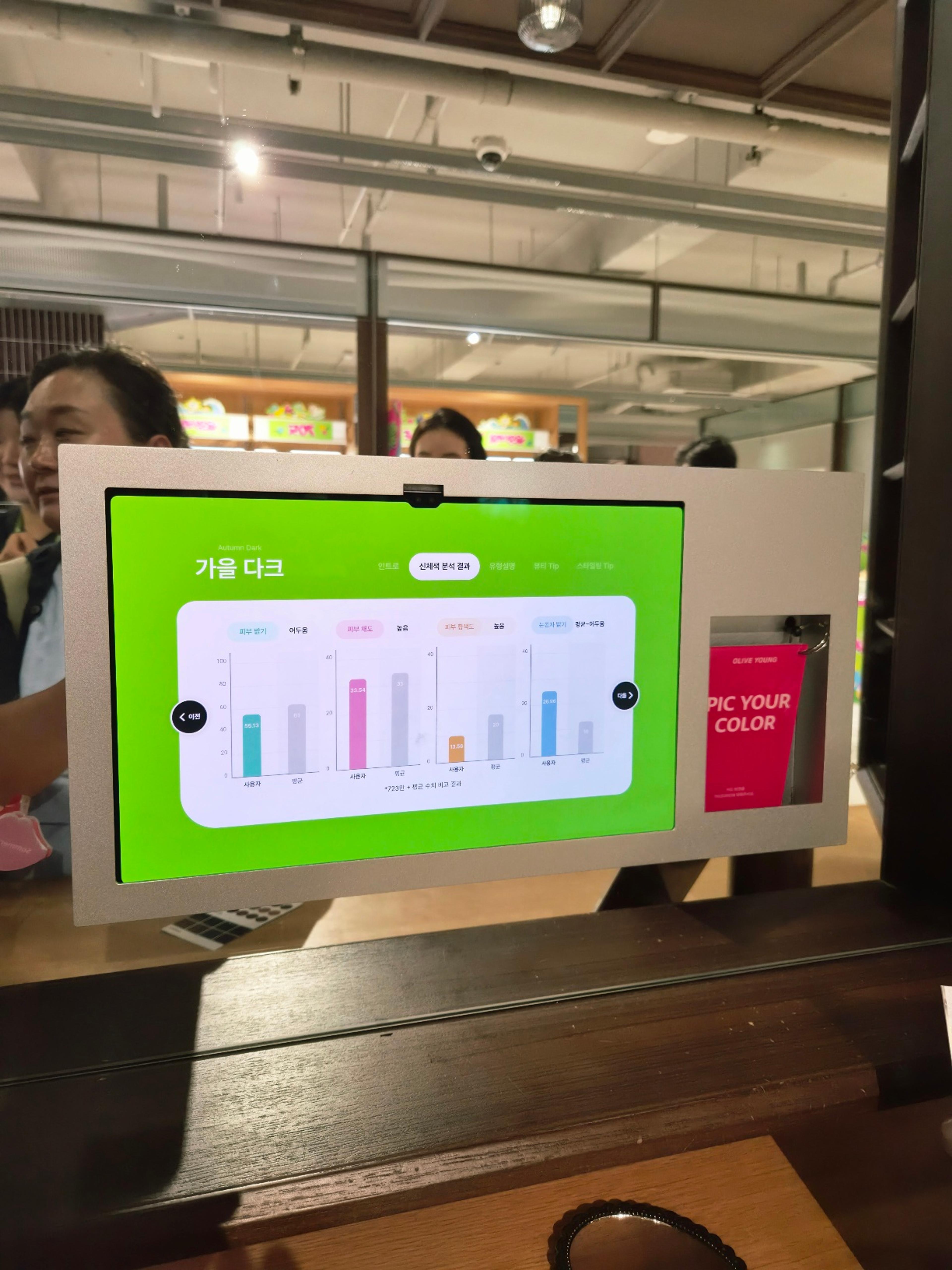 The kiosk screen displaying an Autumn Dark seasonal color analysis result with detailed skin measurement bar charts.
