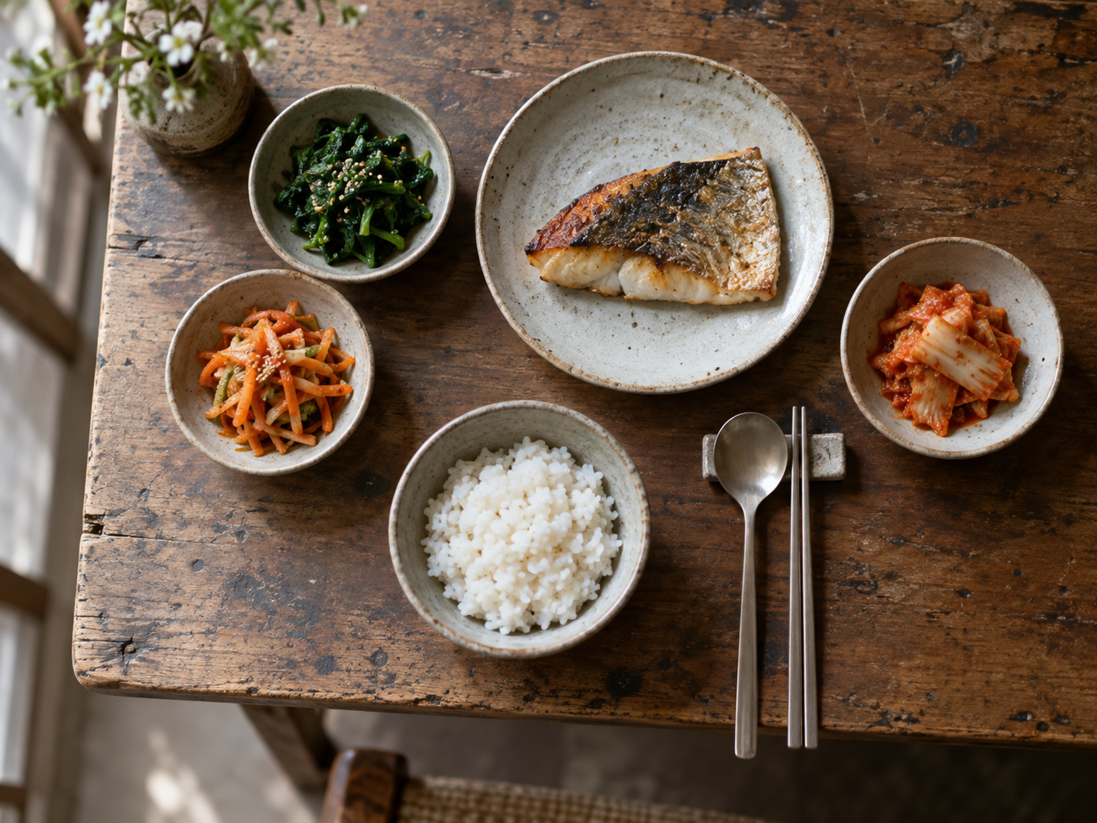 Simple Korean weeknight dinner on a wooden table with a bowl of rice, a piece of pan-seared fish, two small vegetable side dishes, and kimchi