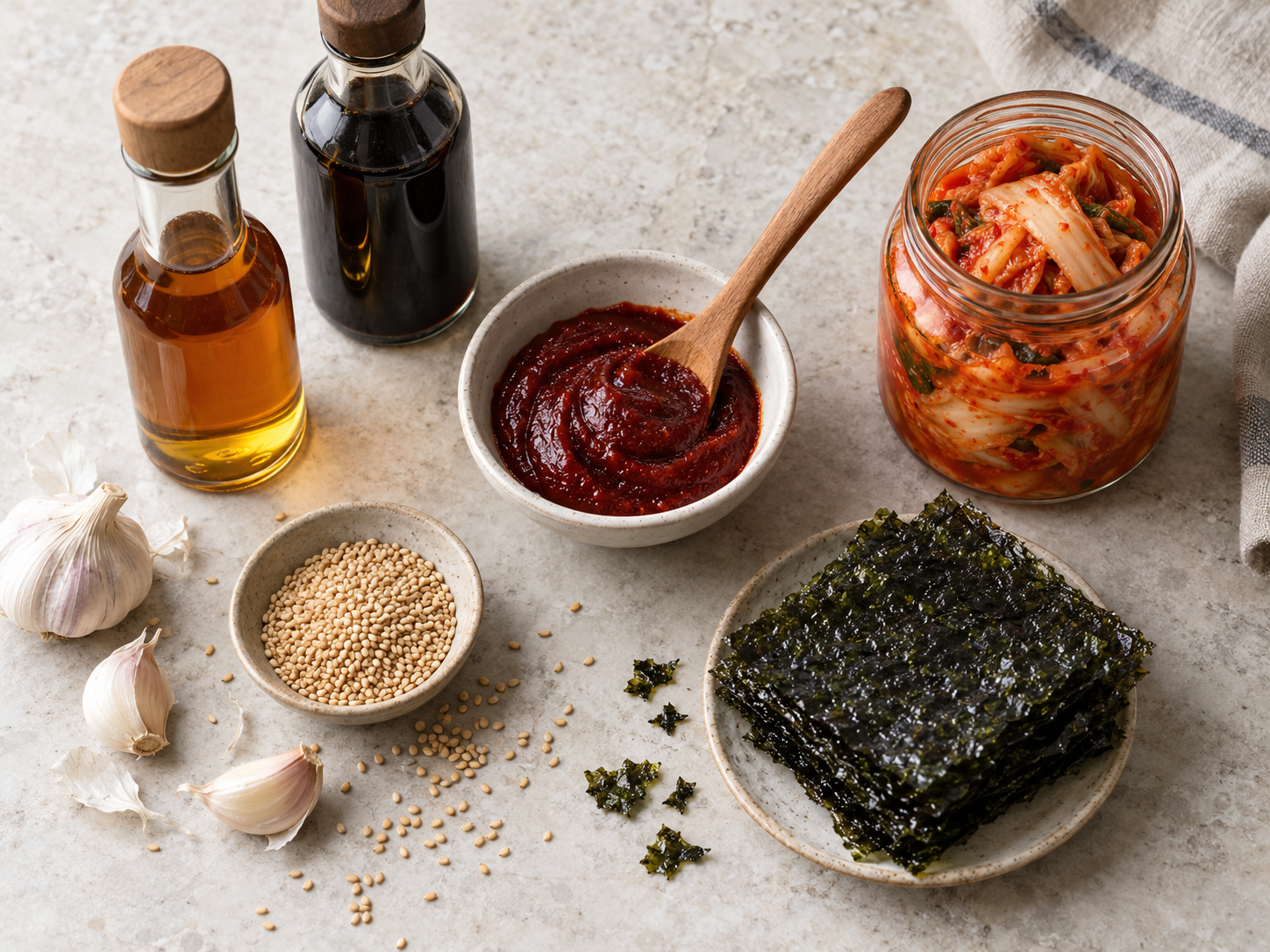 Korean pantry staples arranged on a counter: a bottle of toasted sesame oil, soy sauce, gochujang in a small bowl, sheets of roasted seaweed, and kimchi in a glass jar
