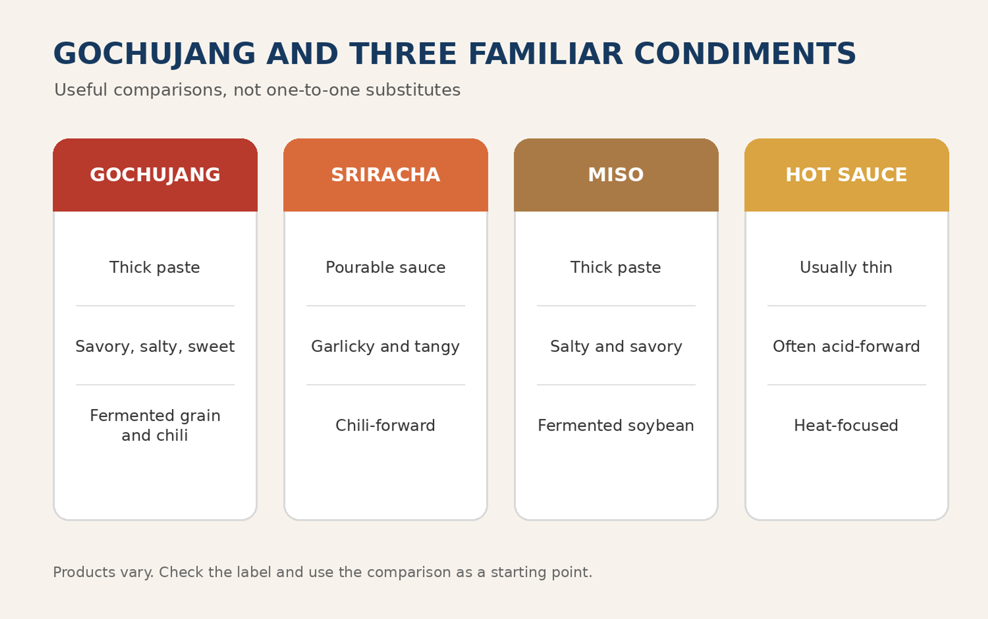 Comparison of gochujang, sriracha, miso and hot sauce by texture and flavor