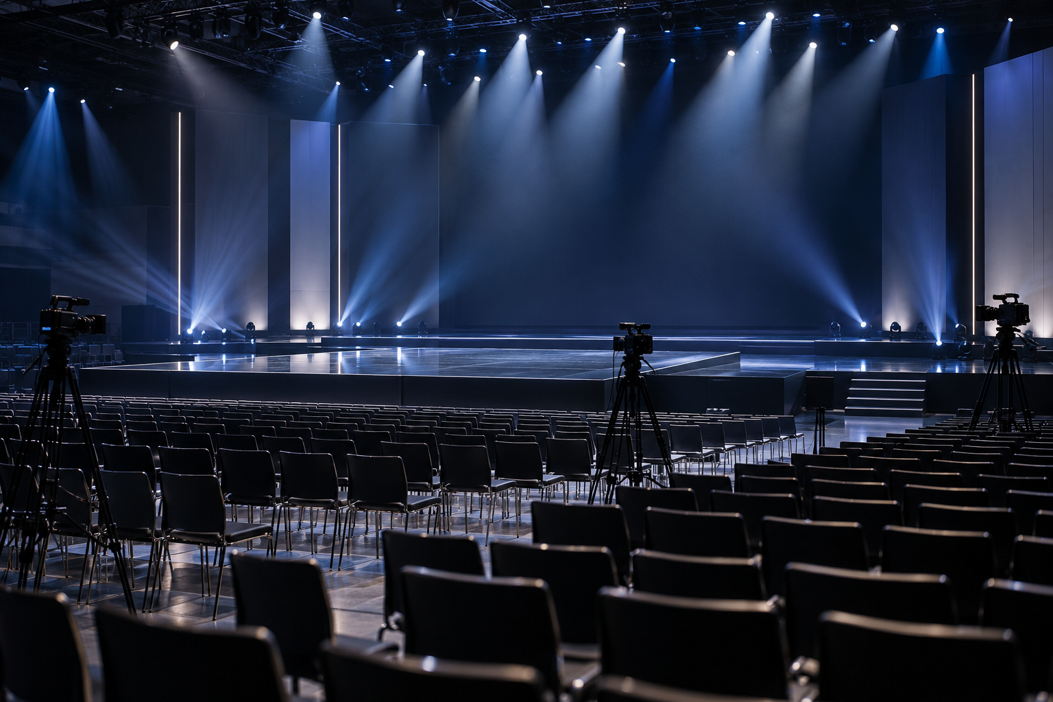 Empty stage prepared for a music showcase with rows of chairs and camera tripods facing i