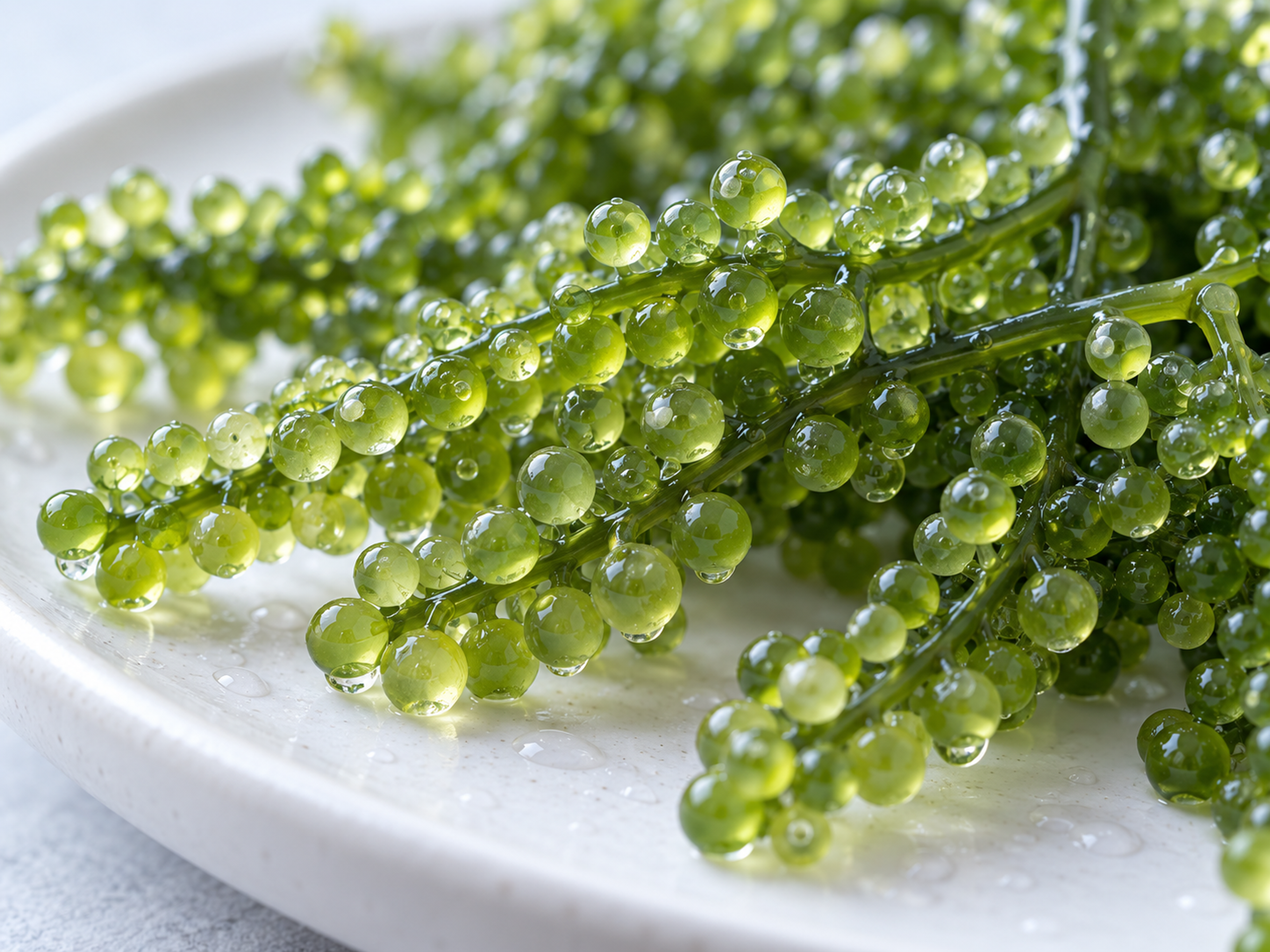 Close-up of sea grape seaweed with small bead-like green fronds glistening with water droplets on a white