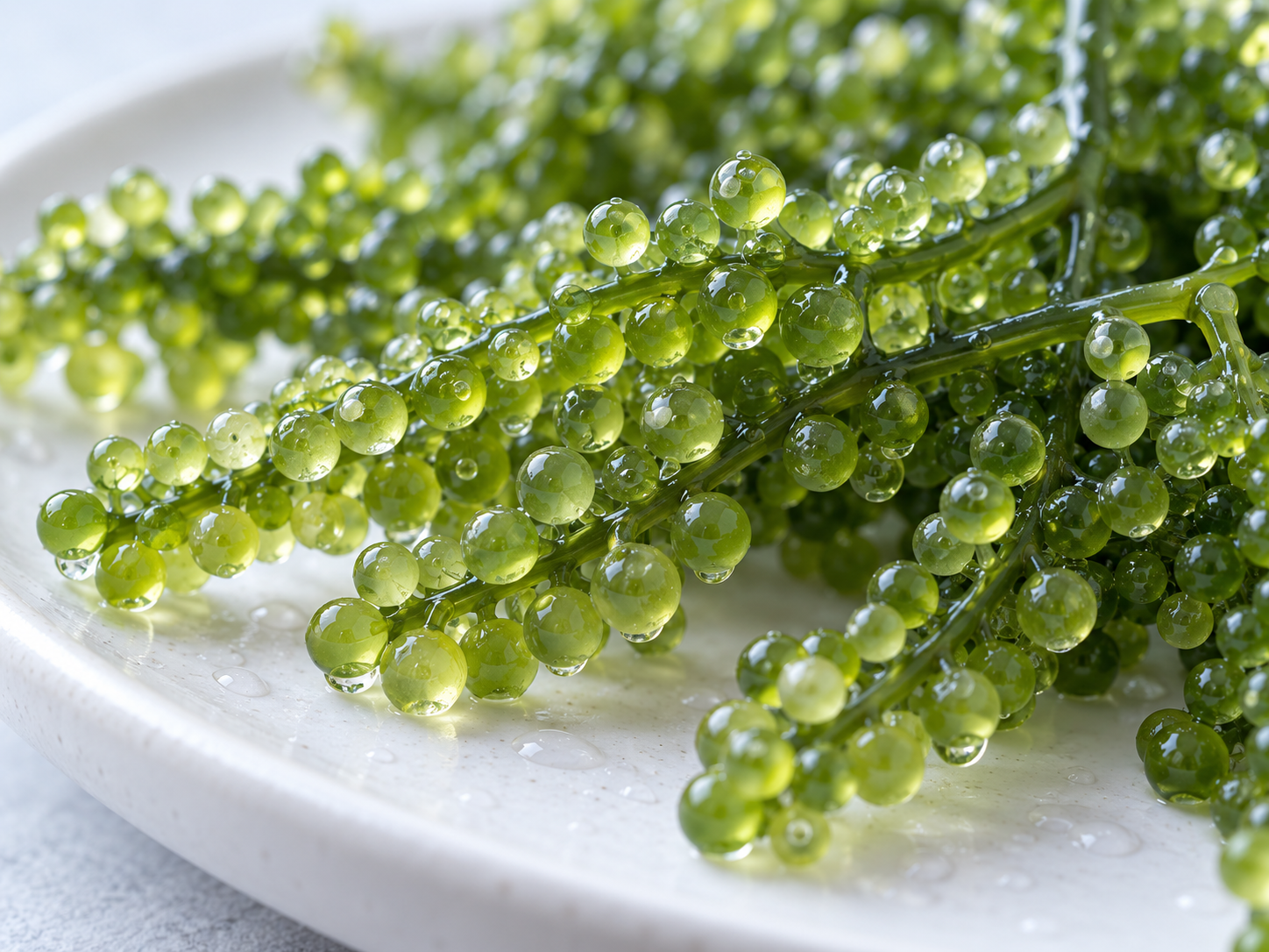 Close-up of sea grape seaweed with small bead-like green fronds glistening with water droplets on a white