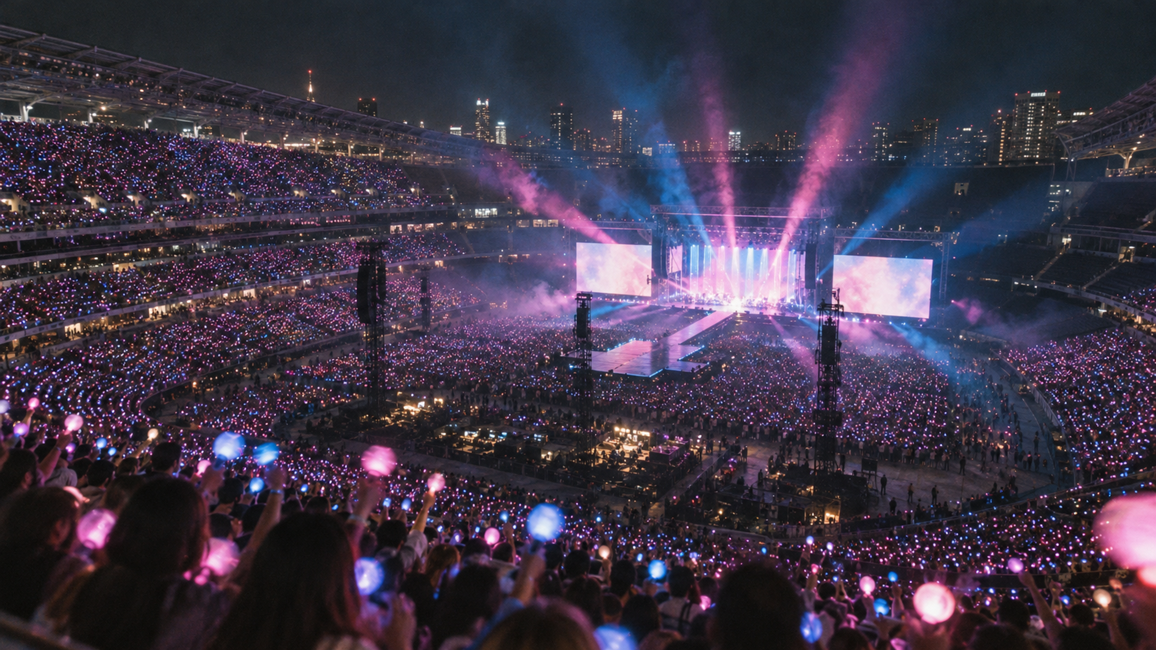 Stadium crowd at night holding glowing lightsticks under pink and blue stage lights