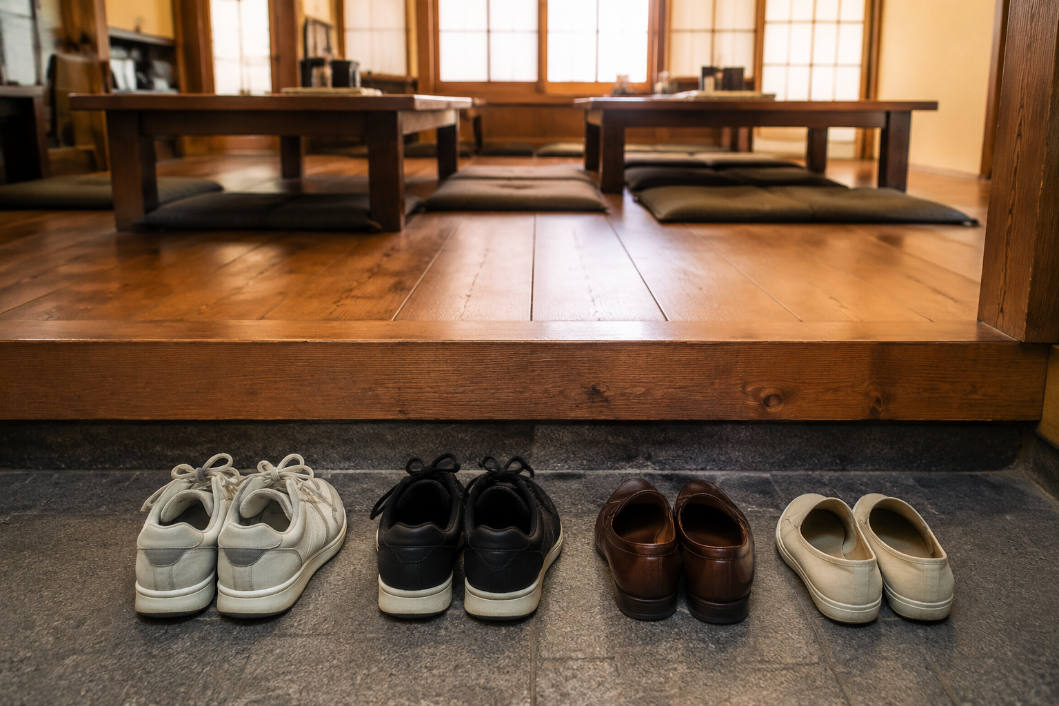 Shoes lined up at the raised entrance of a Korean floor-seating restaurant