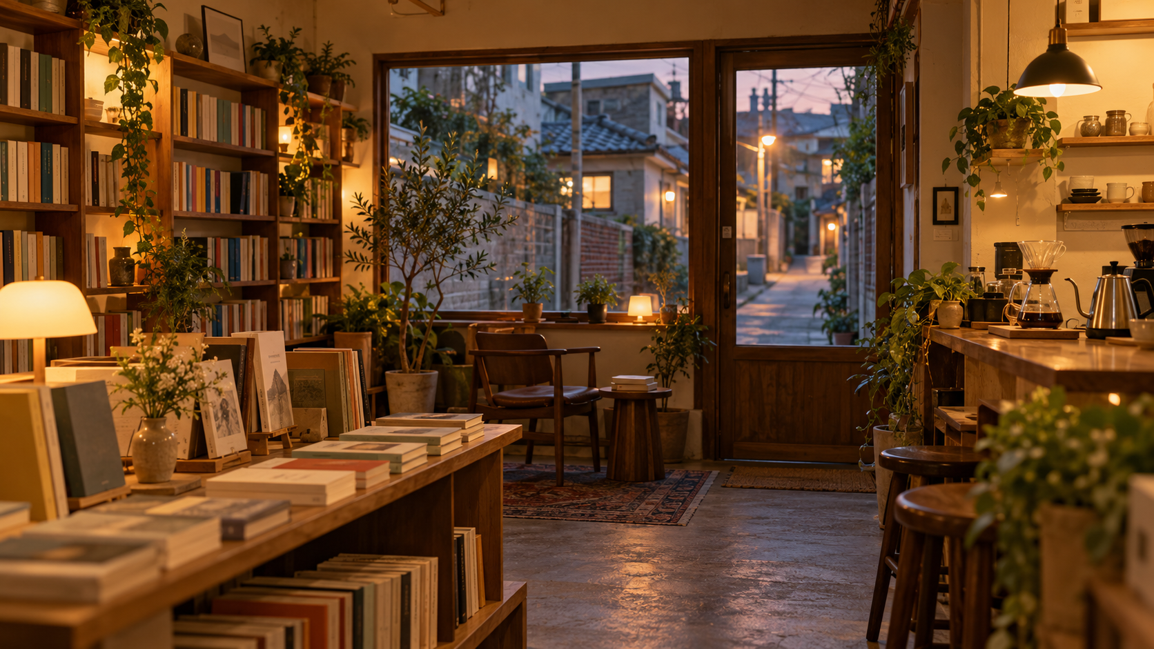 Warm evening light inside a small neighborhood bookshop with wooden shelves and a corner coffee bar