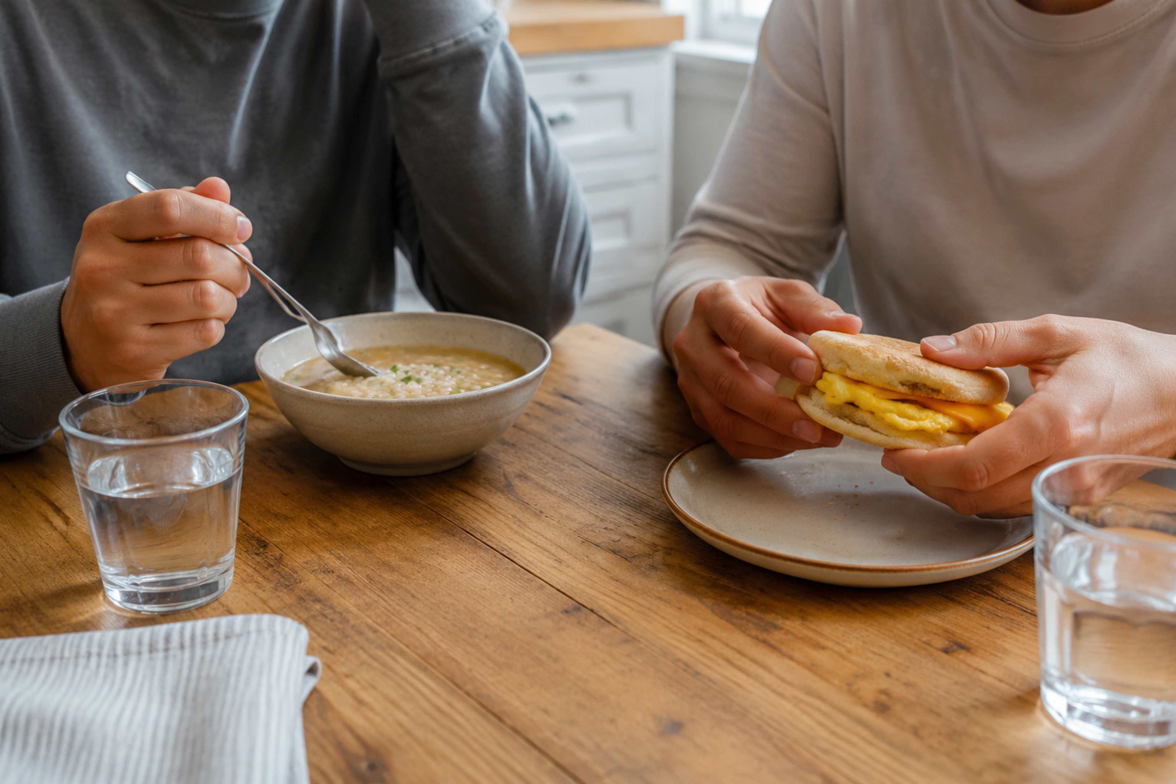 Two people choosing warm soup and an egg breakfast sandwich at the same morning table
