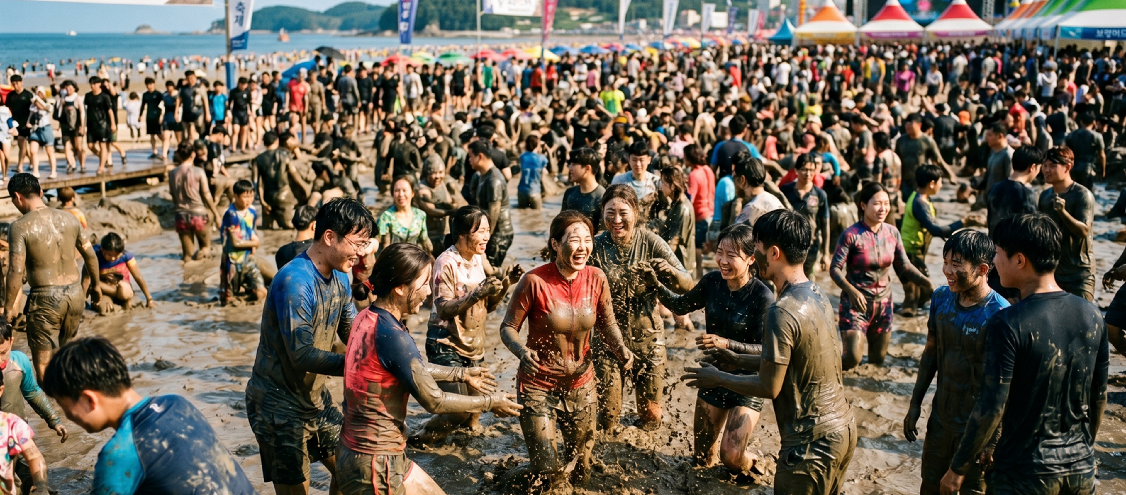  Crowded mud pool at Boryeong Mud Festival with participants laughing and covered in brown mud under summer sunlight