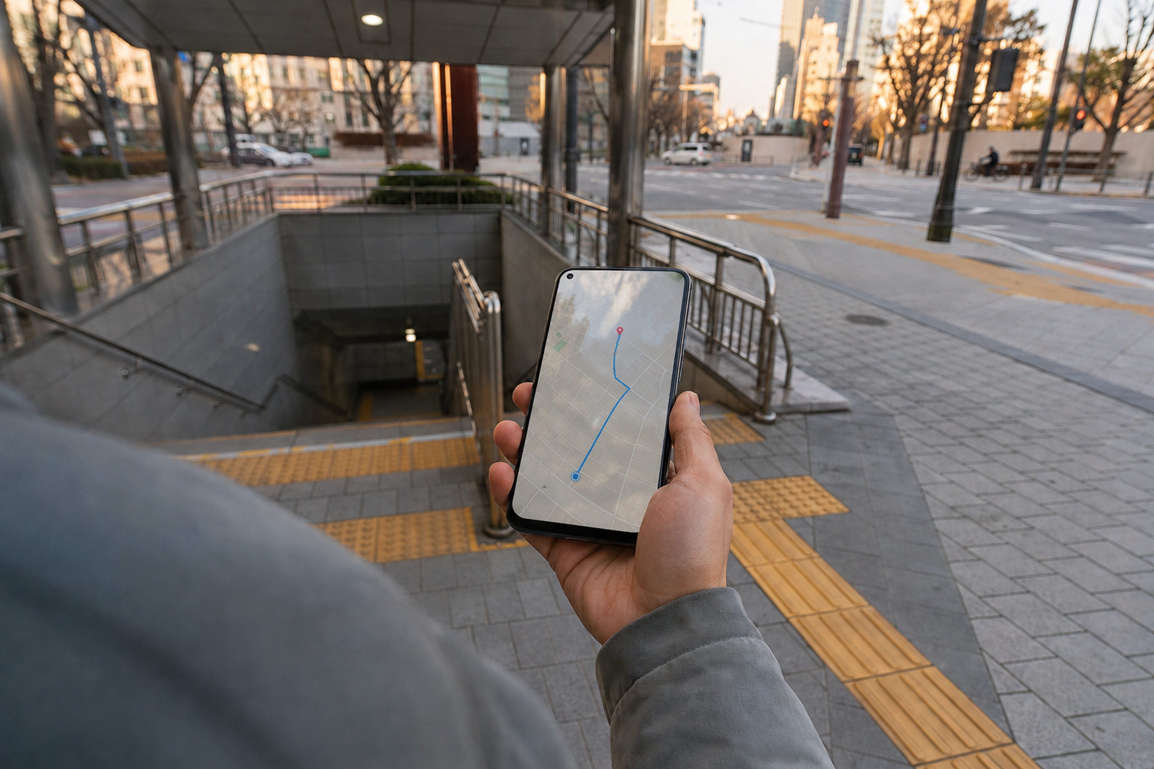 A traveler checking a map on a smartphone beside a subway station exit in Seoul