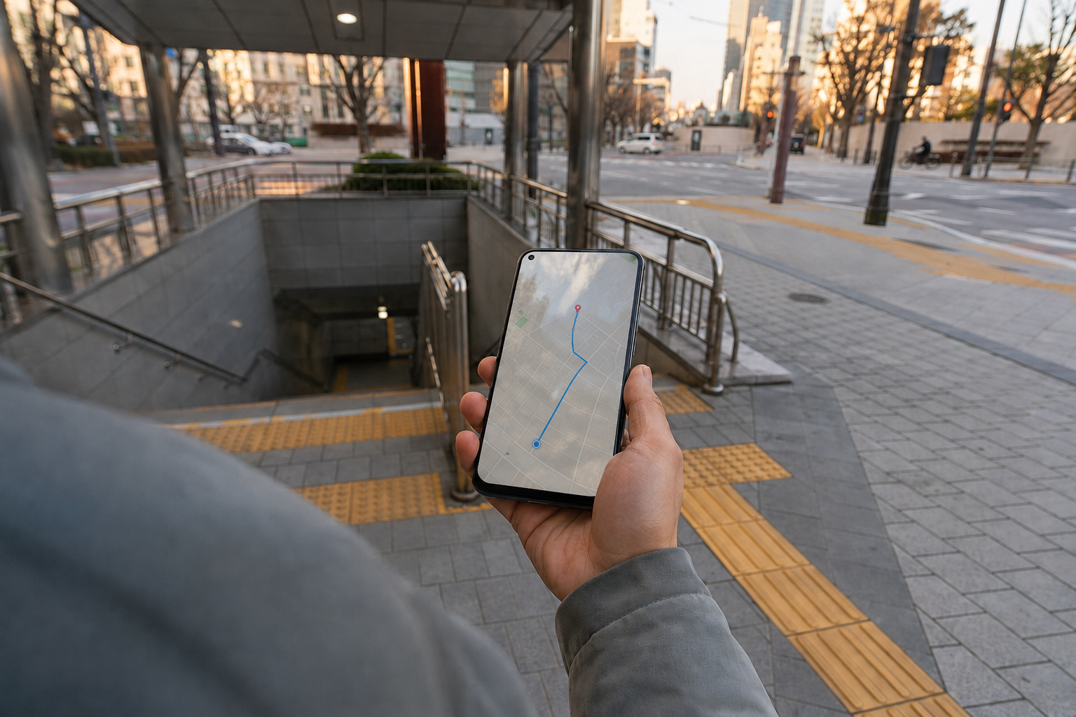 A traveler checking a map on a smartphone beside a subway station exit in Seoul