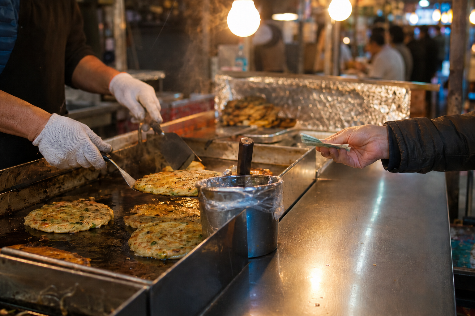 A customer paying cash at a Korean traditional market food stall while a vendor cooks savory pancakes