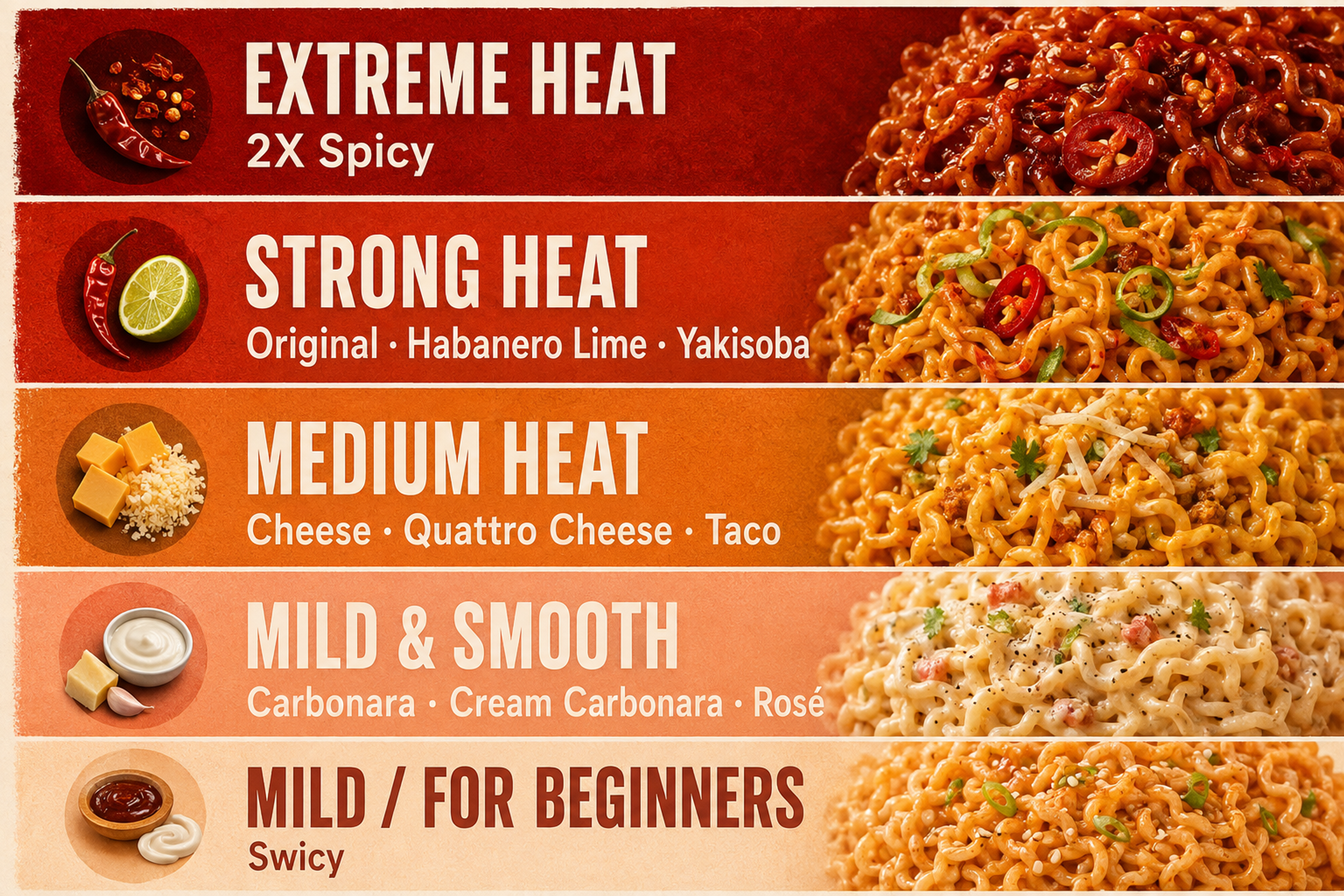 Official US Buldak ramen spice levels from 2X Spicy to Swicy