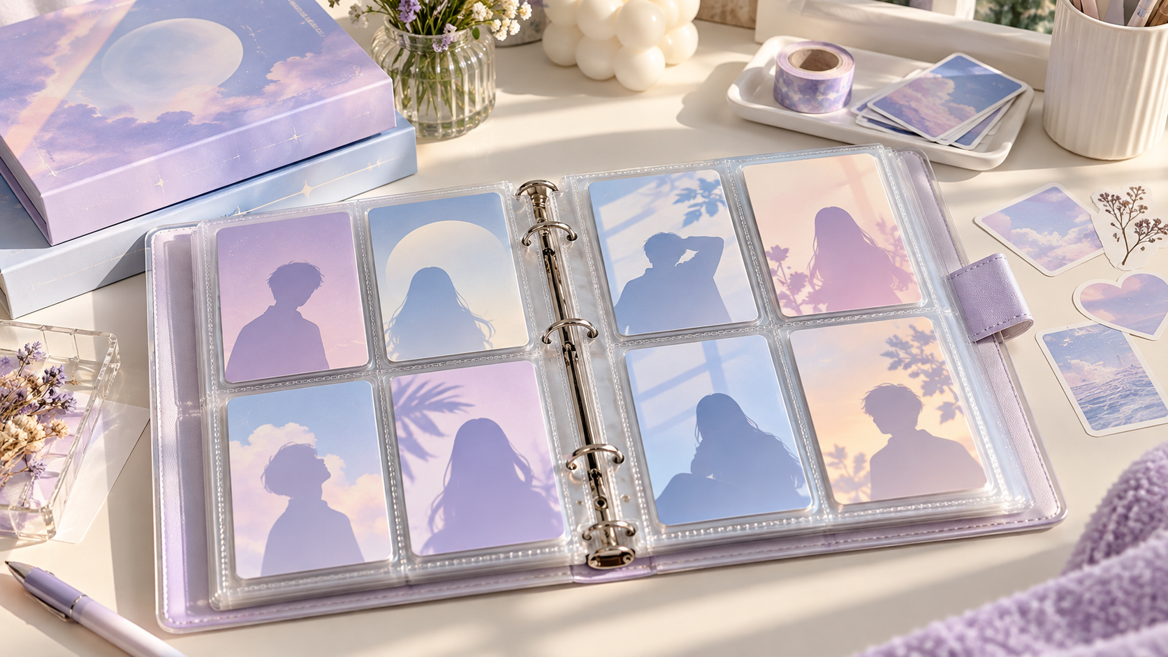 Open photocard binder with pastel silhouette cards beside unbranded album boxes