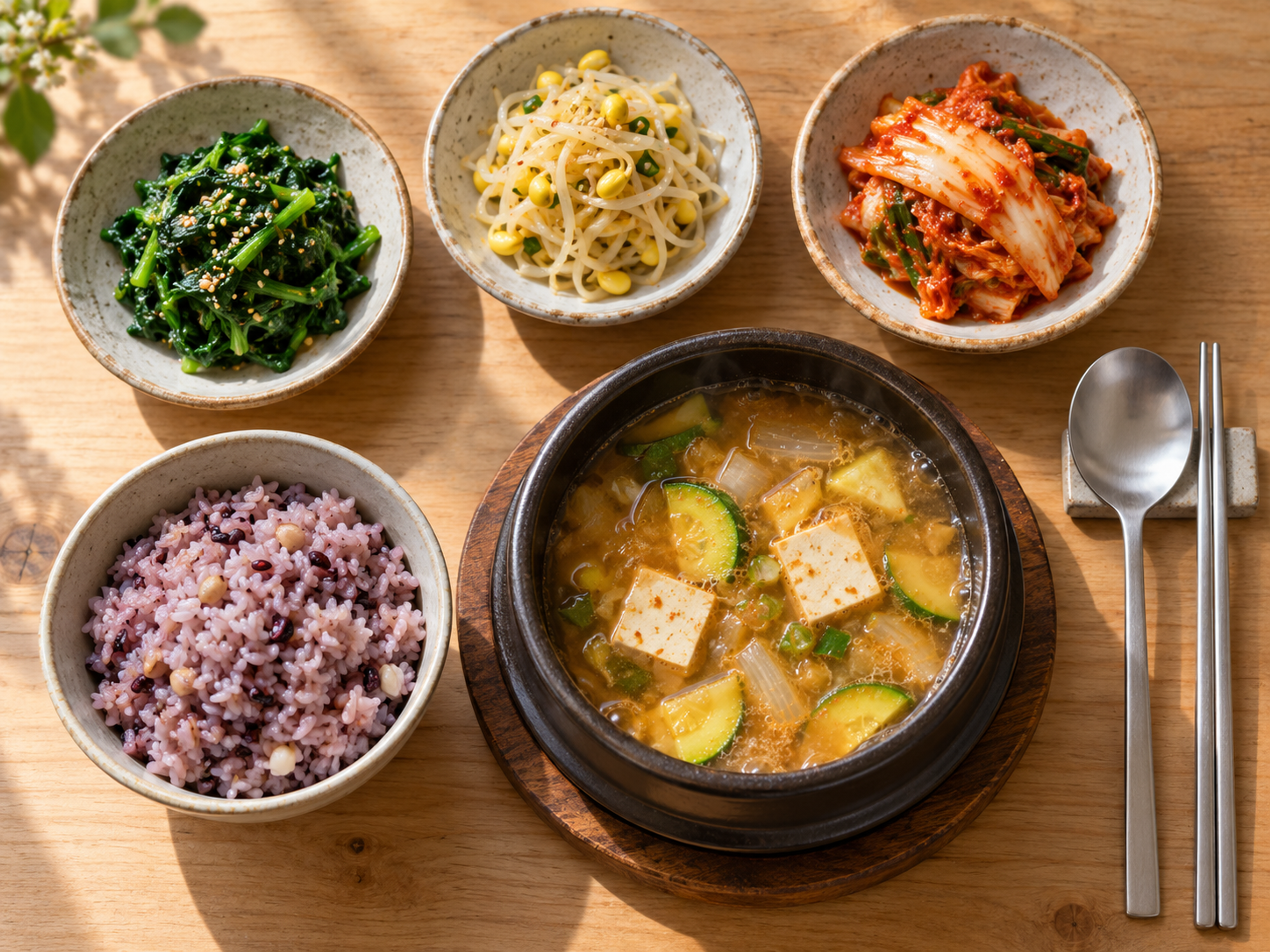 Korean home meal with purple mixed-grain rice, soybean paste stew with tofu, spinach namul, seasoned soybean sprouts, and kimchi