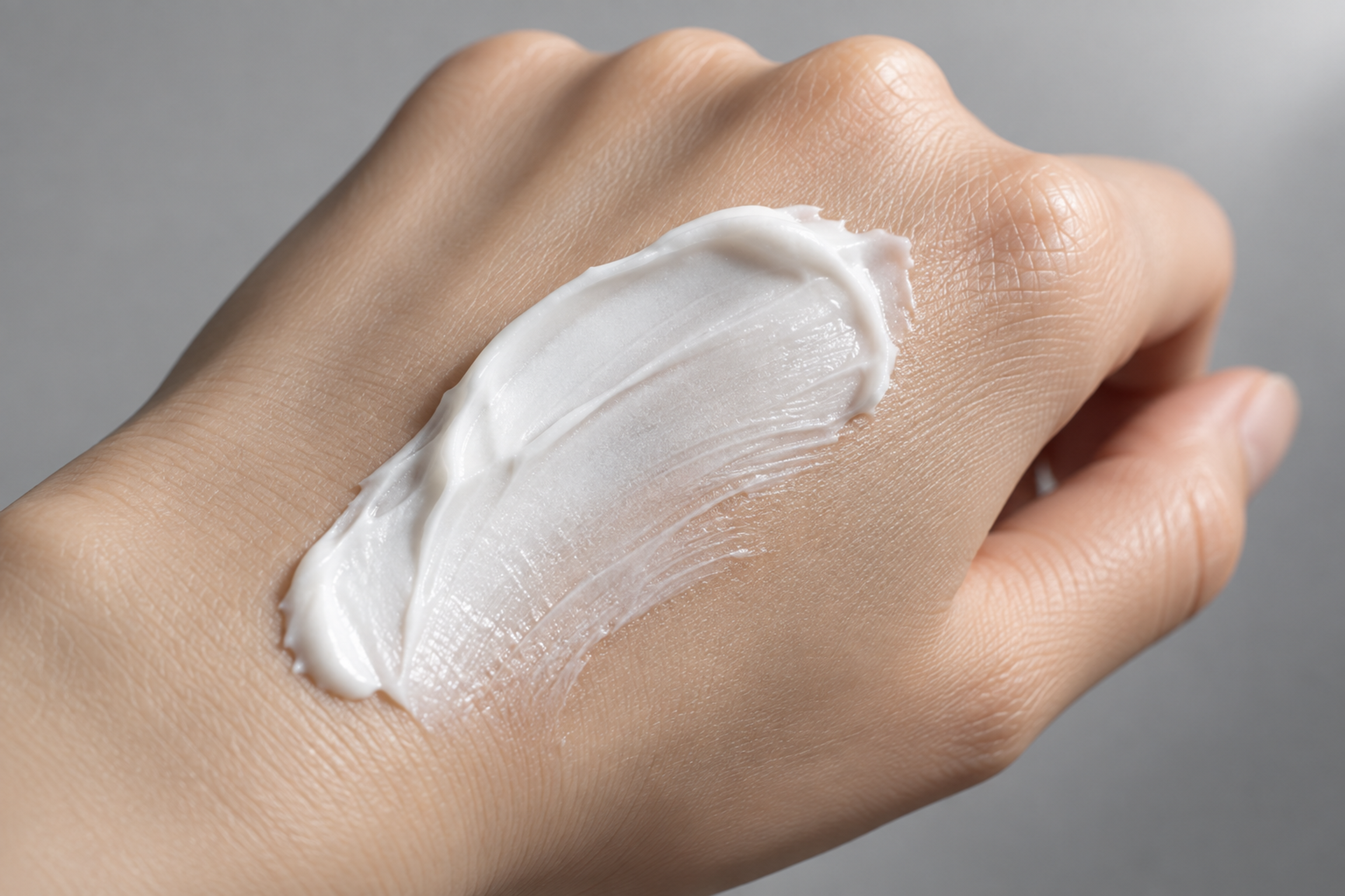 Ceramide-rich barrier cream texture swatched on the back of a hand